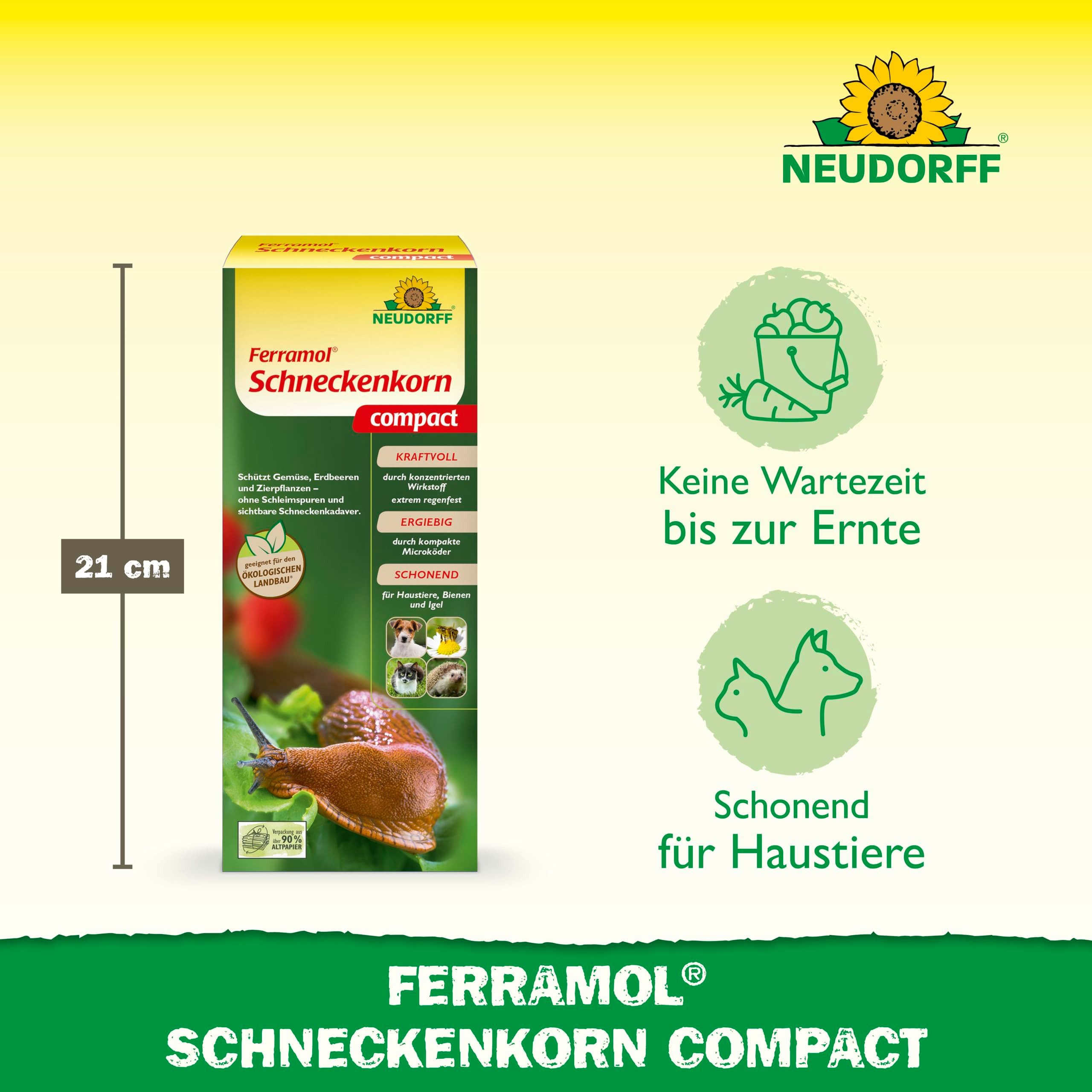 Neudorff Pflanzenstärkungsmittel Ferramol Schneckenkorn compact 700g für 280m², Zuverlässiger Schneckenschutz an allen Gemüse-, Obst- und Zierpflanzen, extrem regenfest, keine Wartezeit bis zur Ernte, schont Igel, Vögel, Regenwürmer, Bienen und andere Nützlinge