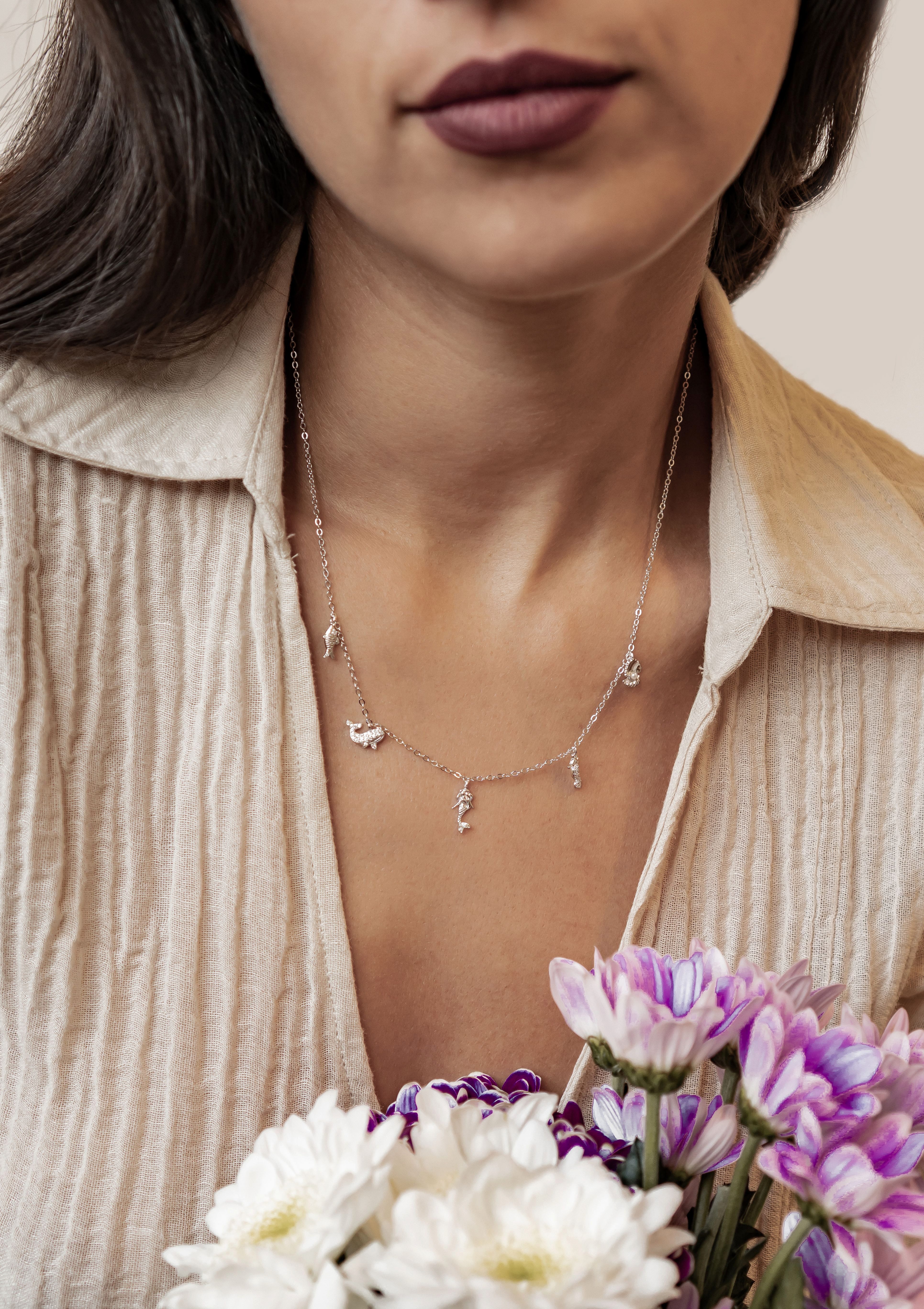 Hey Happiness Charm-Kette mit maritimen Anhängern, mit Zirkonia, Damen Silberkette aus 925 Silber vergoldet, Meer-Motiven