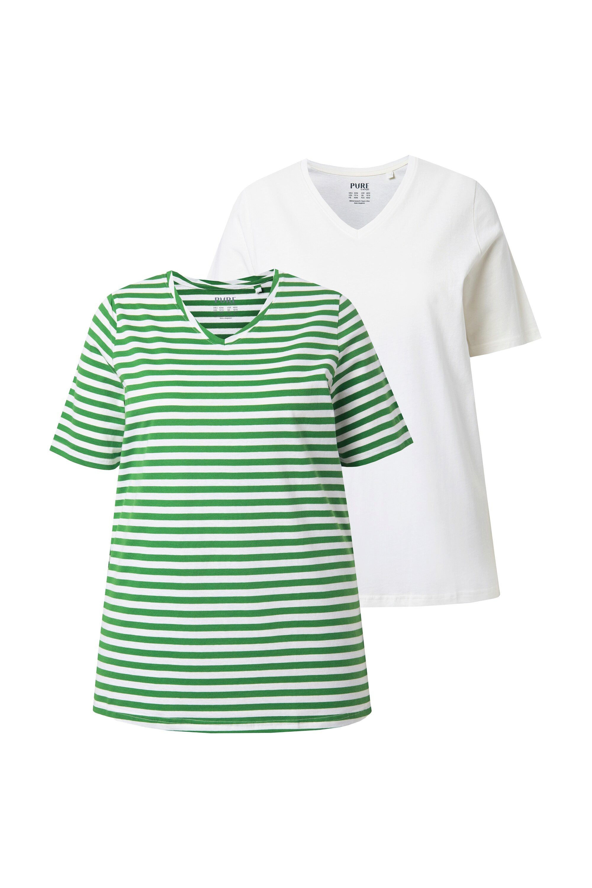 Ulla Popken T-Shirt T-Shirts 2er-Pack Ringel/uni V-Ausschnitt Halbarm