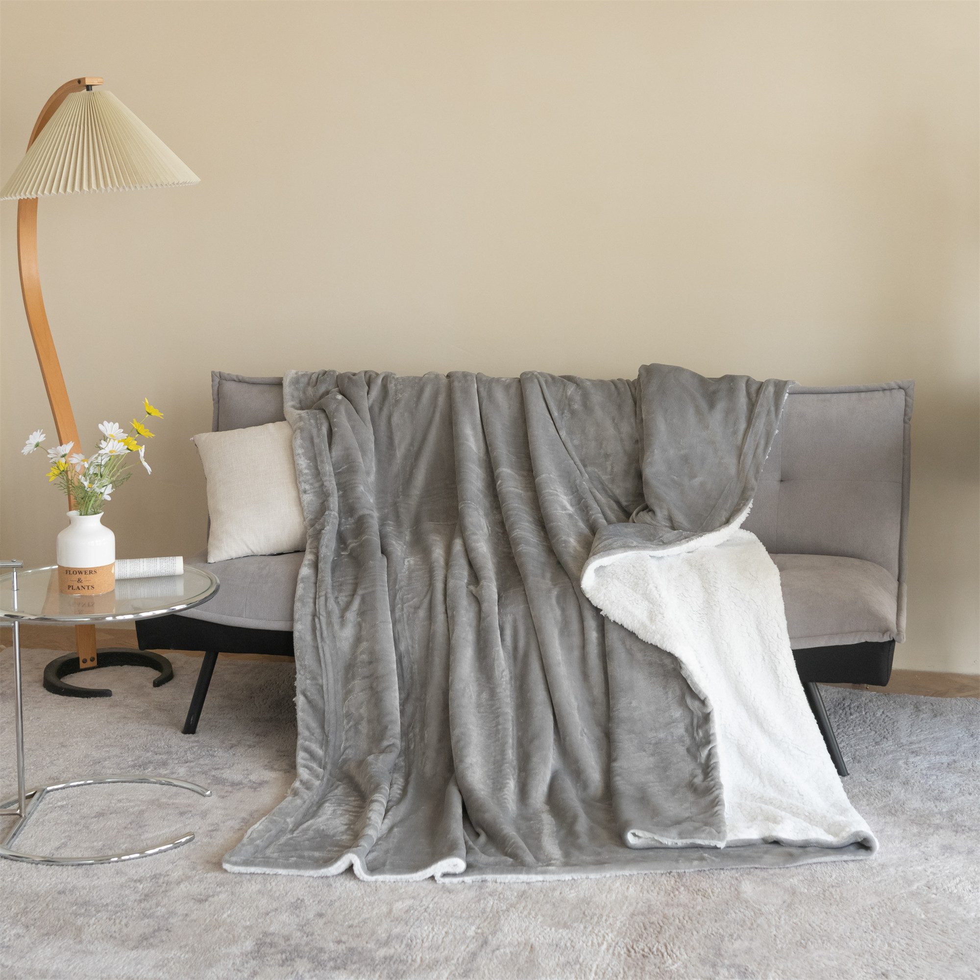 Wohndecke Sherpa-Fleece-Wohndecke, wendbar, kuschelig, warm, Grau, Einzelbett, Good Nite, Kuscheldecke, Polyester, für Zuhause und Reisen, grau, blau, schwarz