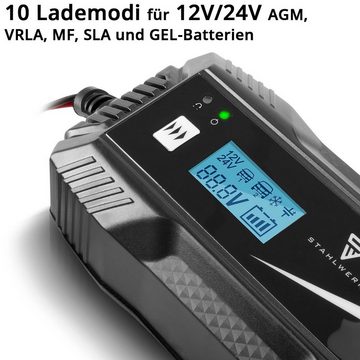 STAHLWERK Batterieladegerät IBC-100 ST mit Mikroprozessor Autobatterie-Ladegerät (Packung, 1-tlg., und 10 Lademodi für 12V/24V AGM, VRLA, MF, SLA und GEL-Batterien)