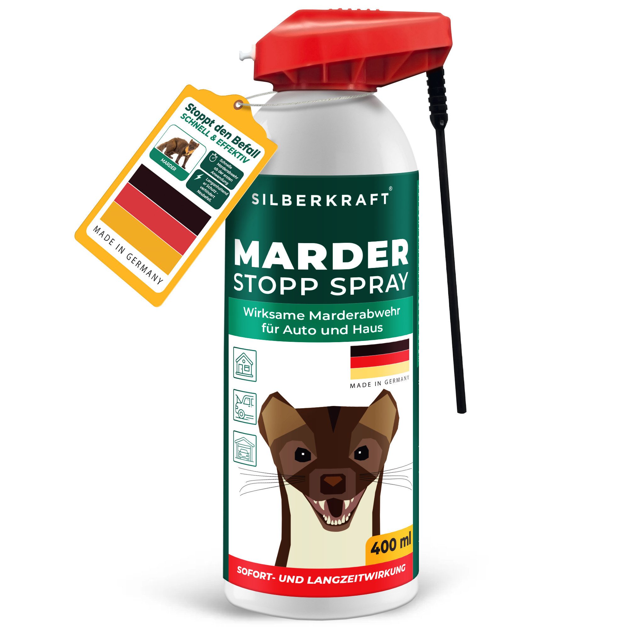Silberkraft Marderspray Silberkraft Marder Stopp Spray, Sofort- & Langzeitschutz gegen Marder, 400 ml, 1-St., Verhindert Marderbisse an Kabeln & Schläuchen, für Abwehr