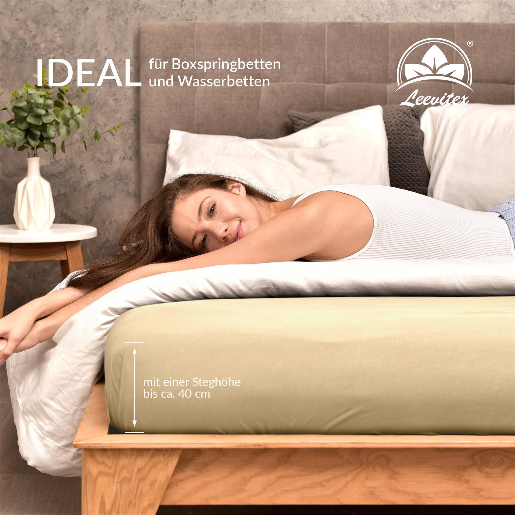 leevitex® Spannbettlaken 180x200 cm - 200x220 cm, Stoffgewicht 170 g/m², 40 cm Steghöhe, Jersey, Gummizug: rundum, (1 Stück), verschiedene Farben, OEKO-TEX® STA – Bild 5 von 5