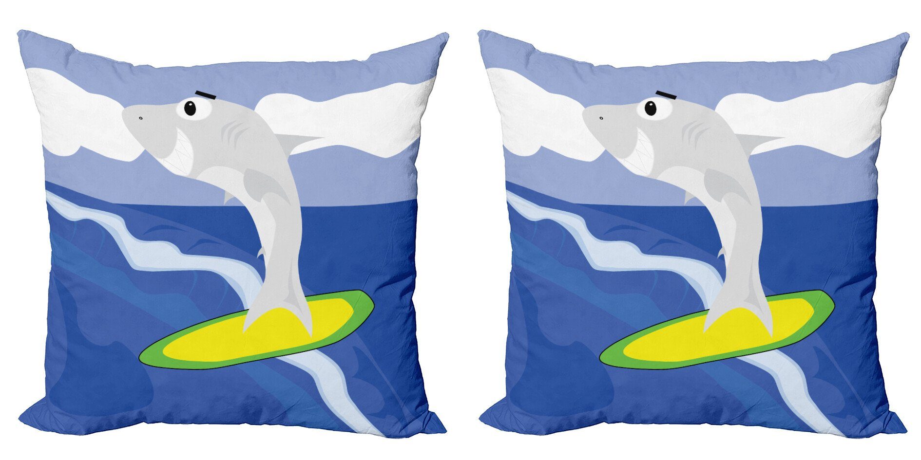 Kissenbezüge Modern Accent Doppelseitiger Digitaldruck, Abakuhaus (2 Stück), Lächeln Haifisch-Fische auf einem Surfbrett