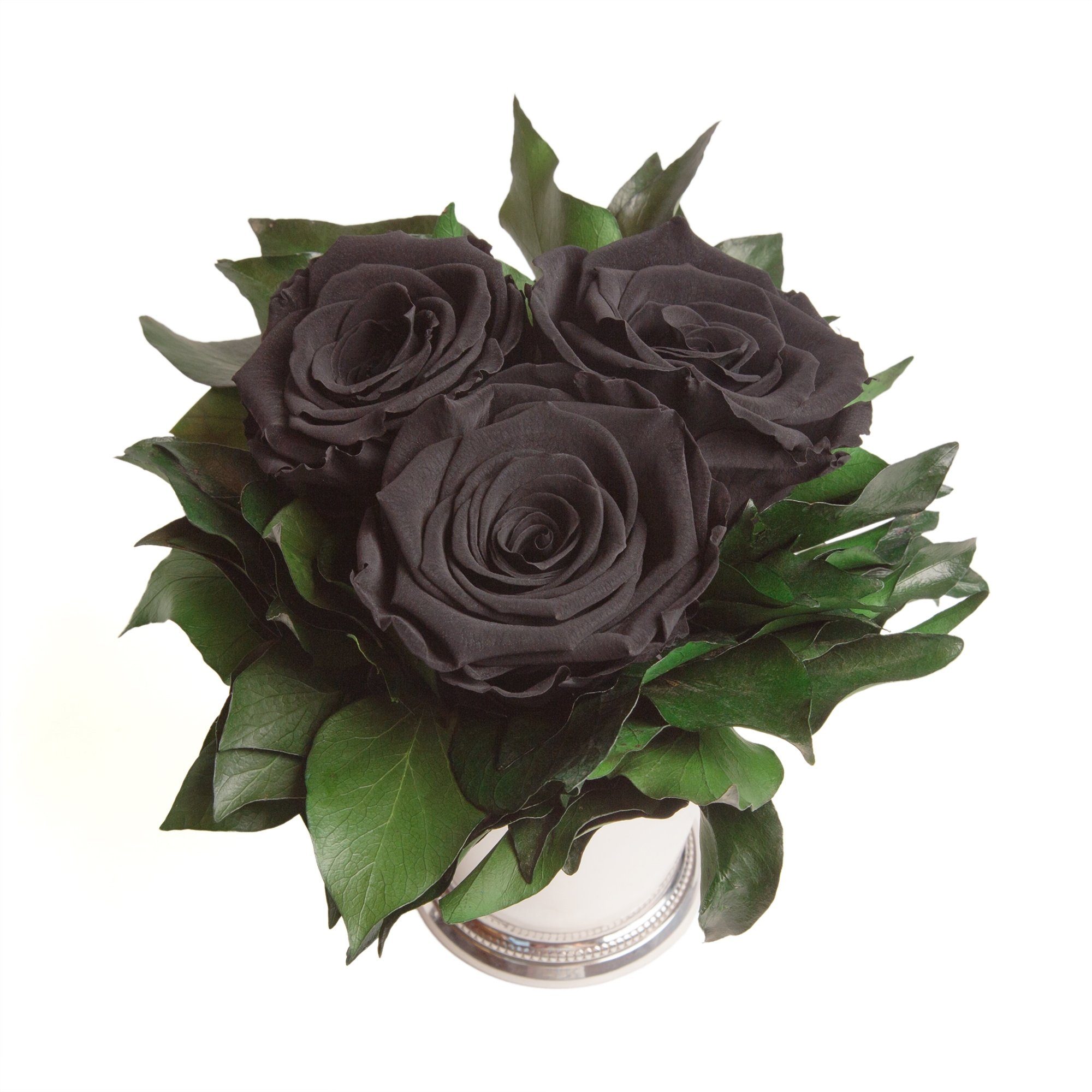 Kunstblume Blumengesteck 3 Infinity Rosen silberfarbene Vase Blumenstrauß Rose, ROSEMARIE SCHULZ Heidelberg, Höhe 15 cm, Rose haltbar bis zu 3 Jahre, Made in Germany