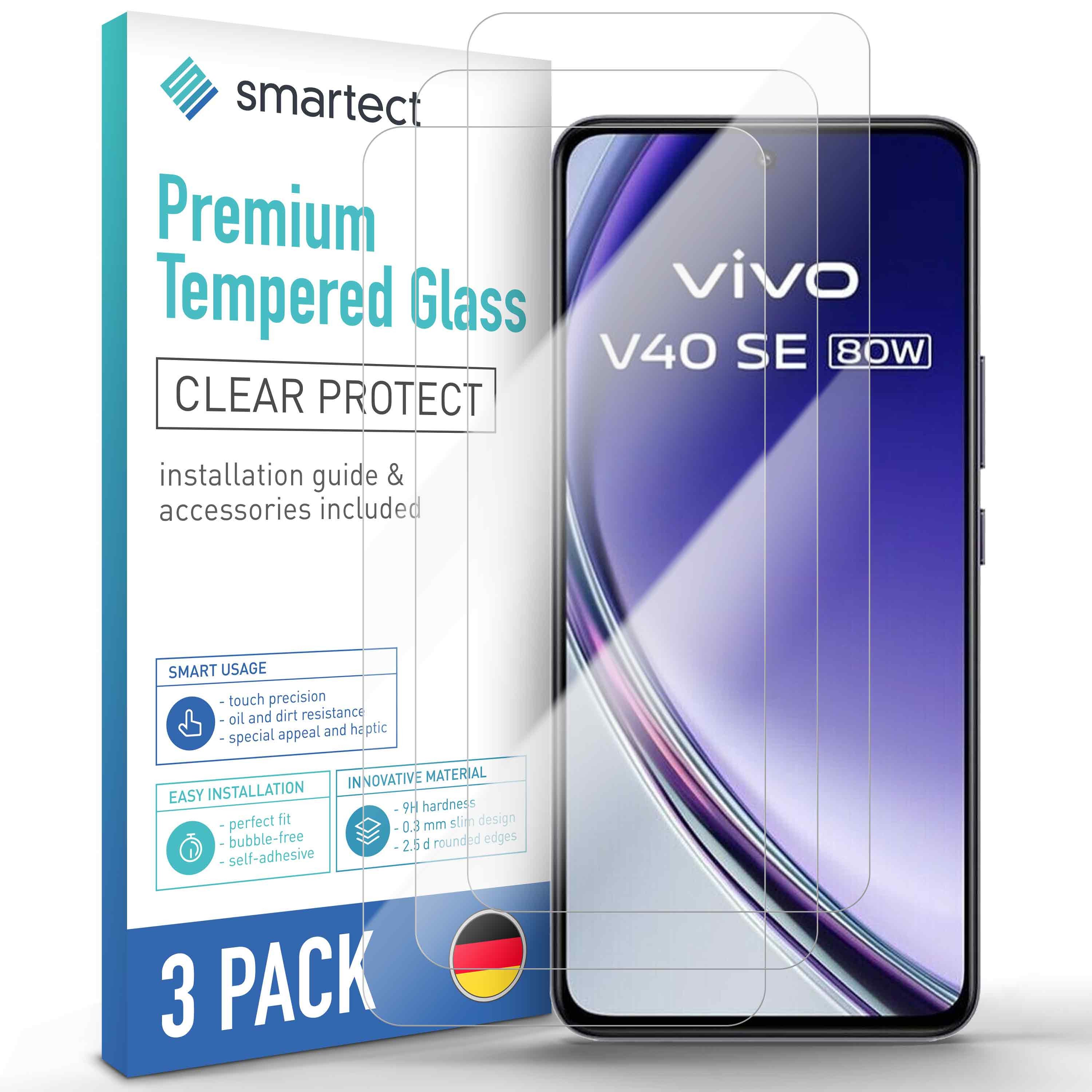 smartect Displayschutzglas 3X Schutzglas Panzerfolie Klar für Vivo V40 SE 5G für Vivo V40 SE 5G, Set, 3 Stück, 0.3 mm Ultra-klar, 9H Härte, Kratzfest, Stoßfest, Blasenfrei, Oleophob
