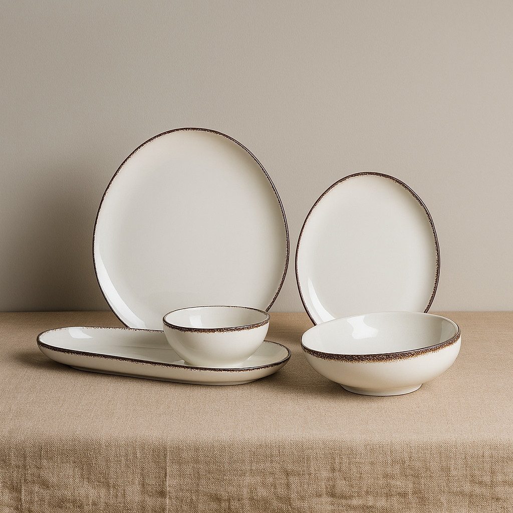 Bricard Geschirr-Set Royan Tafelgeschirr, Porzellan, spülmaschinenfest 25-tlg., 6 Personen, Mikrowellen geeignet, braune Details am Rand