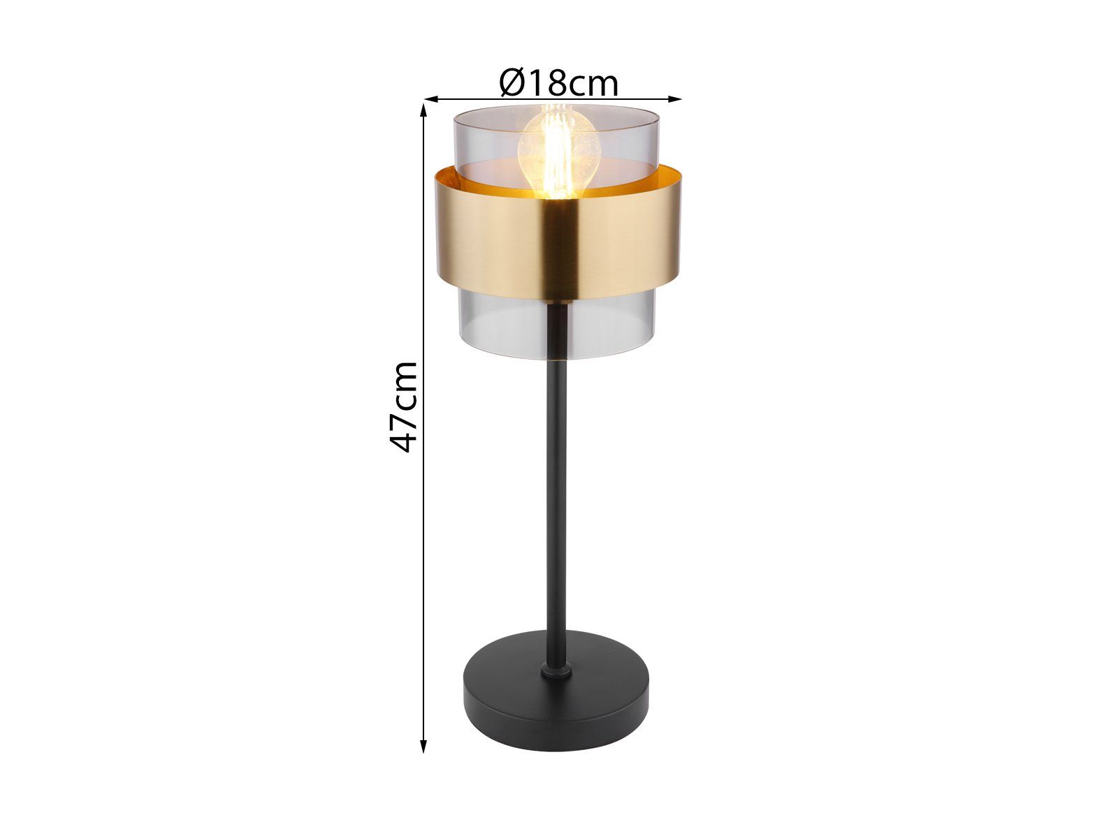 LED dimmbar Tischleuchte, 47cm meineWunschleuchte Nachttisch-lampe Schnurschalter über wechselbar, Höhe Gold-en, LED dimmbar, stufenweise Schwarz warmweiß, Leuchtmittel groß-e Rauchglas