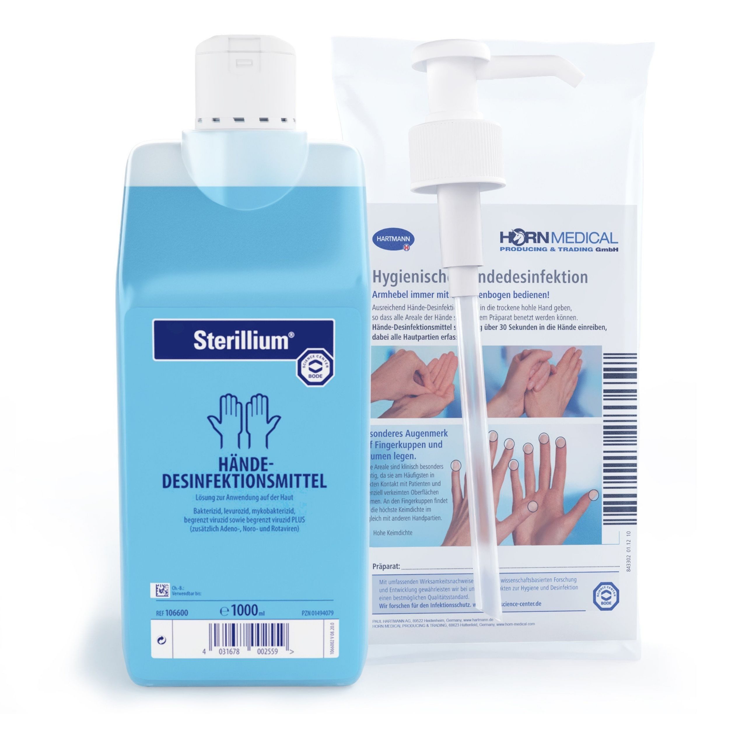 PAUL HARTMANN AG Sterillium Händedesinfektion 1000ml & Horn Medical Dosierpumpe Hand-Desinfektionsmittel (Spar-Set, [- bekannt & bewährt dank Dosierpumpe sofort einsetzbar)