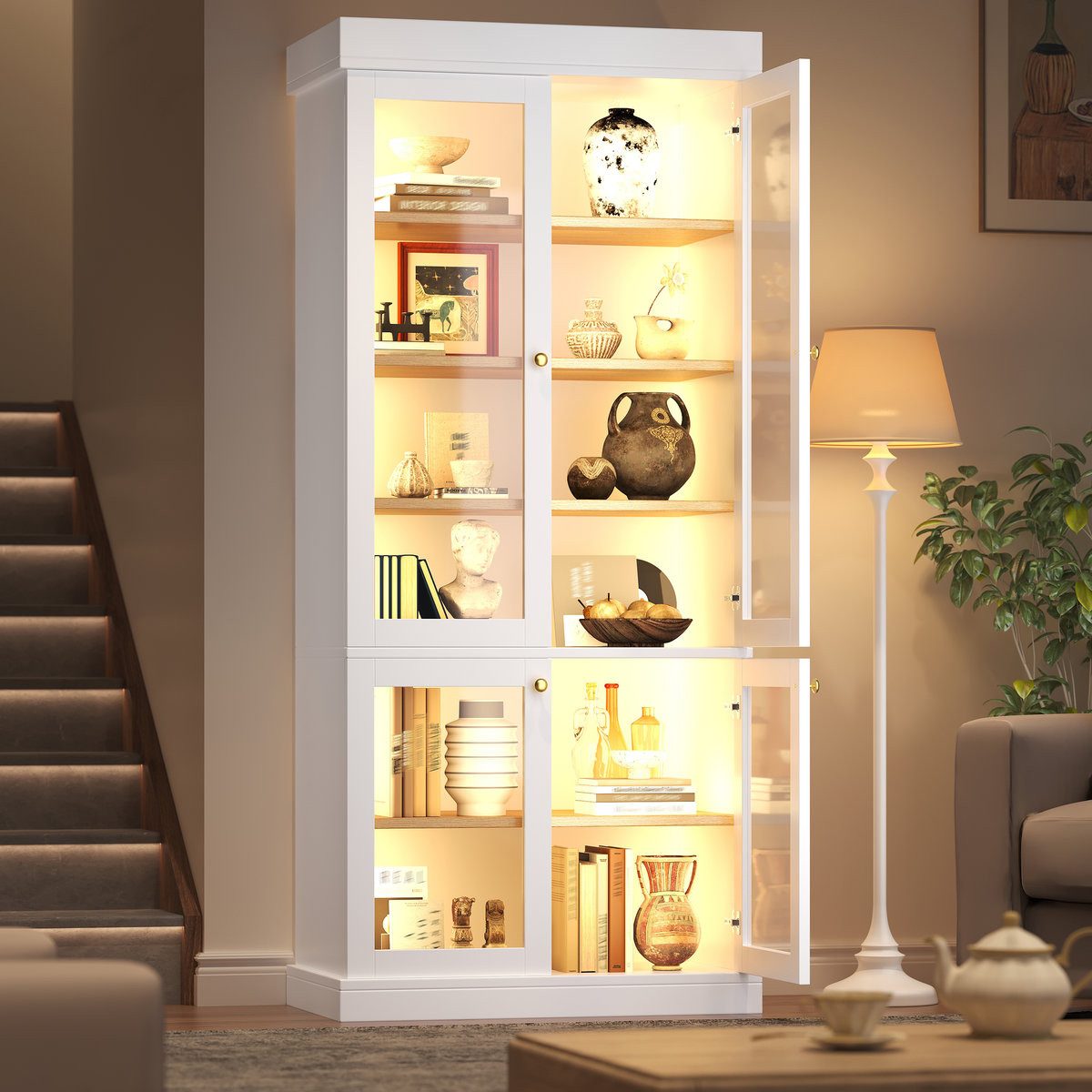 Odikalo Vitrine Vitrineschrank Glasvitrine mit LED (durchdachter Innenaufteilung und Kippschutz, stabil, sicher und vielseitig für Zuhause)