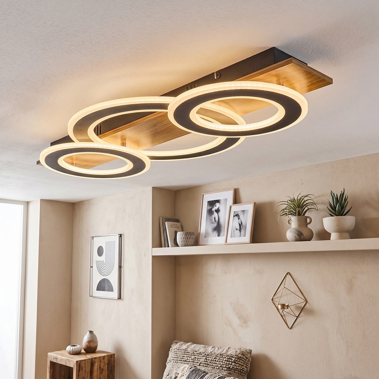 hofstein Deckenleuchte Deckenlampe aus Metall/Kunststoff in Schwarz/Holzoptik/Weiß, ohne Leuchtmittel, im modernen Design, 50 Watt, 4700 Lumen