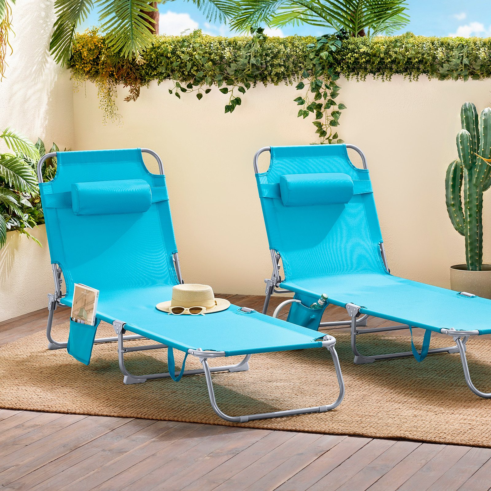 SoBuy Gartenliege Sonnenliege klappbar, Liegestuhl Relaxliege Gartenmöbel Terrasse, Große Sonnenliege, klappbarer Liegestuhl, mit Kopfstütze, verstellbar – Bild 5 von 5