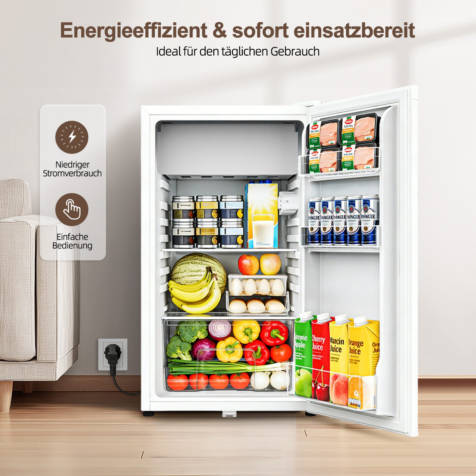 WELLENT Kühlschrank 90L Mini Kühlschrank mit Gefrierfach & Schloss, 3 Ablagen verstellbar,Türanschlag wechselbar BC-90, leise,stromsparend Kühlschrank ideal für Büro, Wohnzimmer, Camping