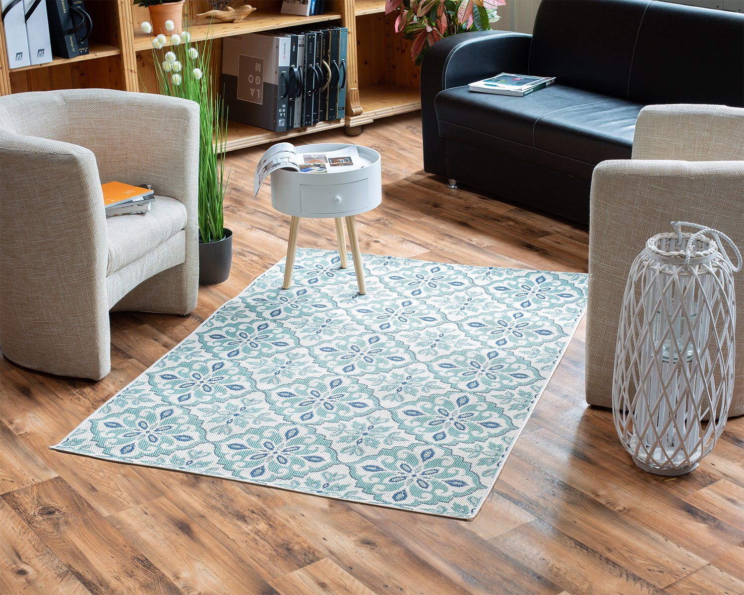 Teppich Teppich Ornament Tiles Türkis aus Kunststoff für Innen und Außen, DomDeco
