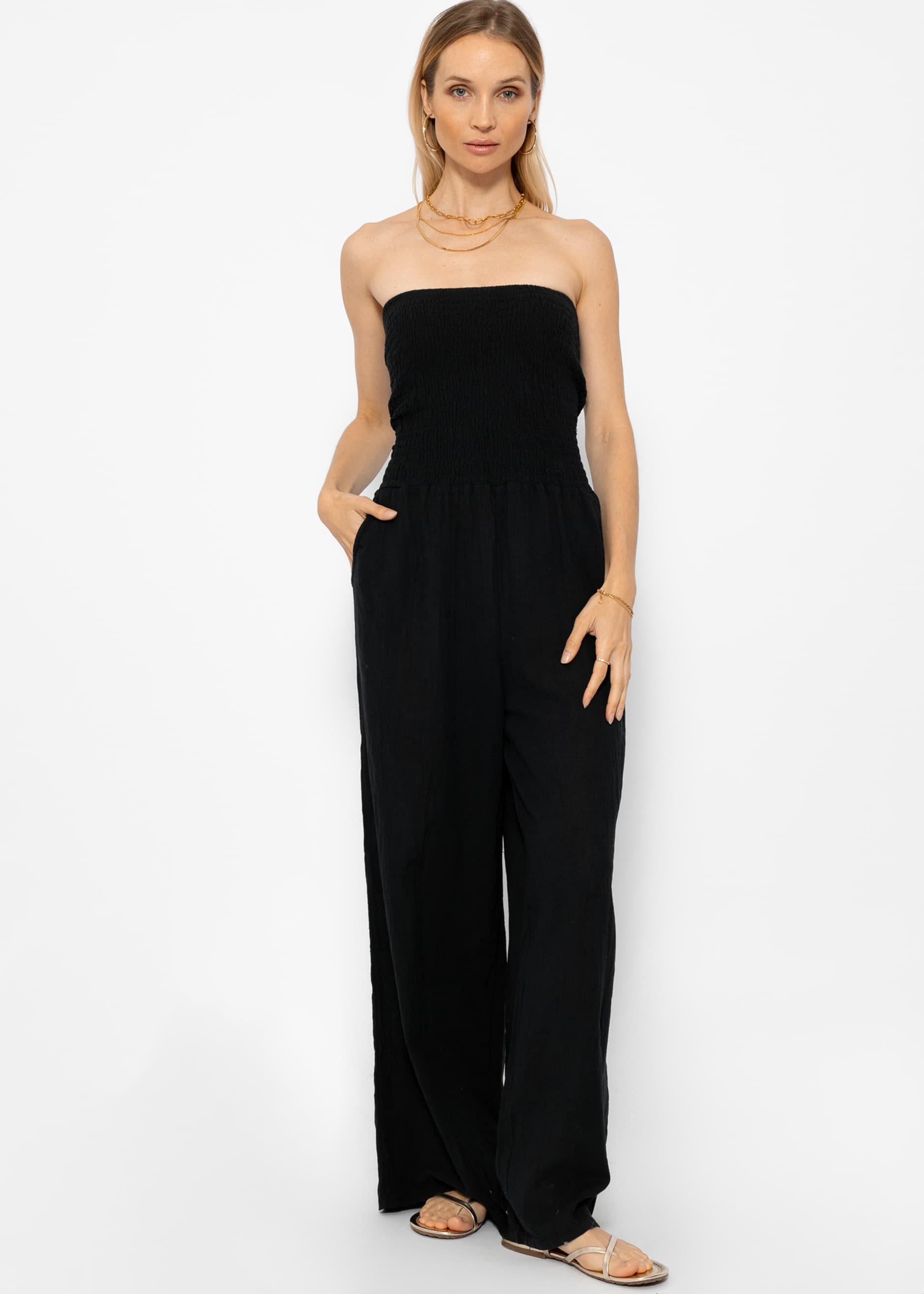 SASSYCLASSY Jumpsuit Schulterfreier Jumpsuit mit Taschen Trägerloser Baumwoll Jumpsuit in fließendem Schnitt