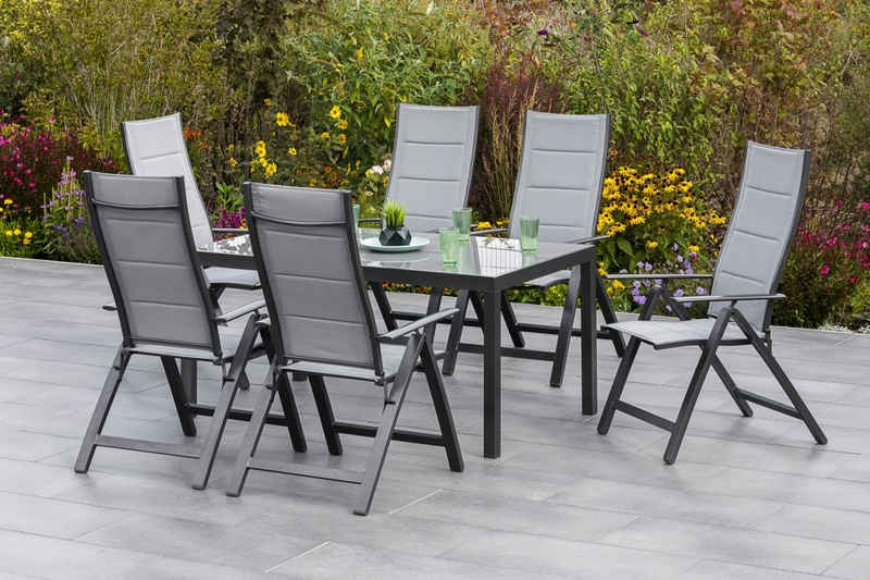 MERXX Garten-Essgruppe Florenz, (Set, Tisch, 6 Klappsessel, Aluminium mit Textilbespannung, Sicherheitsglas), Sitzfläche und Rückenlehne gepaddet