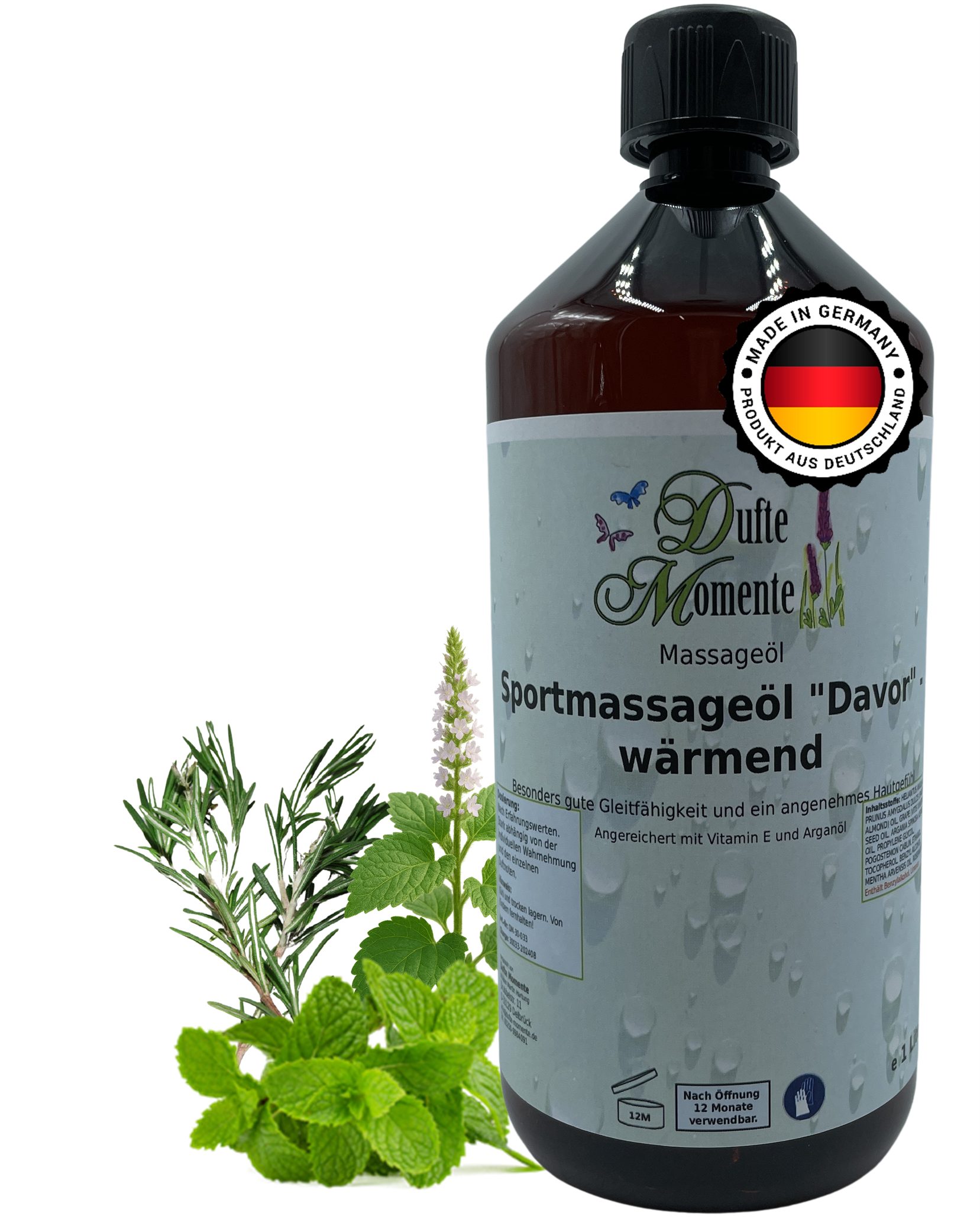 Dufte Momente Massageöl Sportmassageöl "Davor" (Minze, Patschuli, Rosmarin) 250ml - 3 L, hochwertige Pflanzenöle als Basis, vegan und ohne Tierversuche