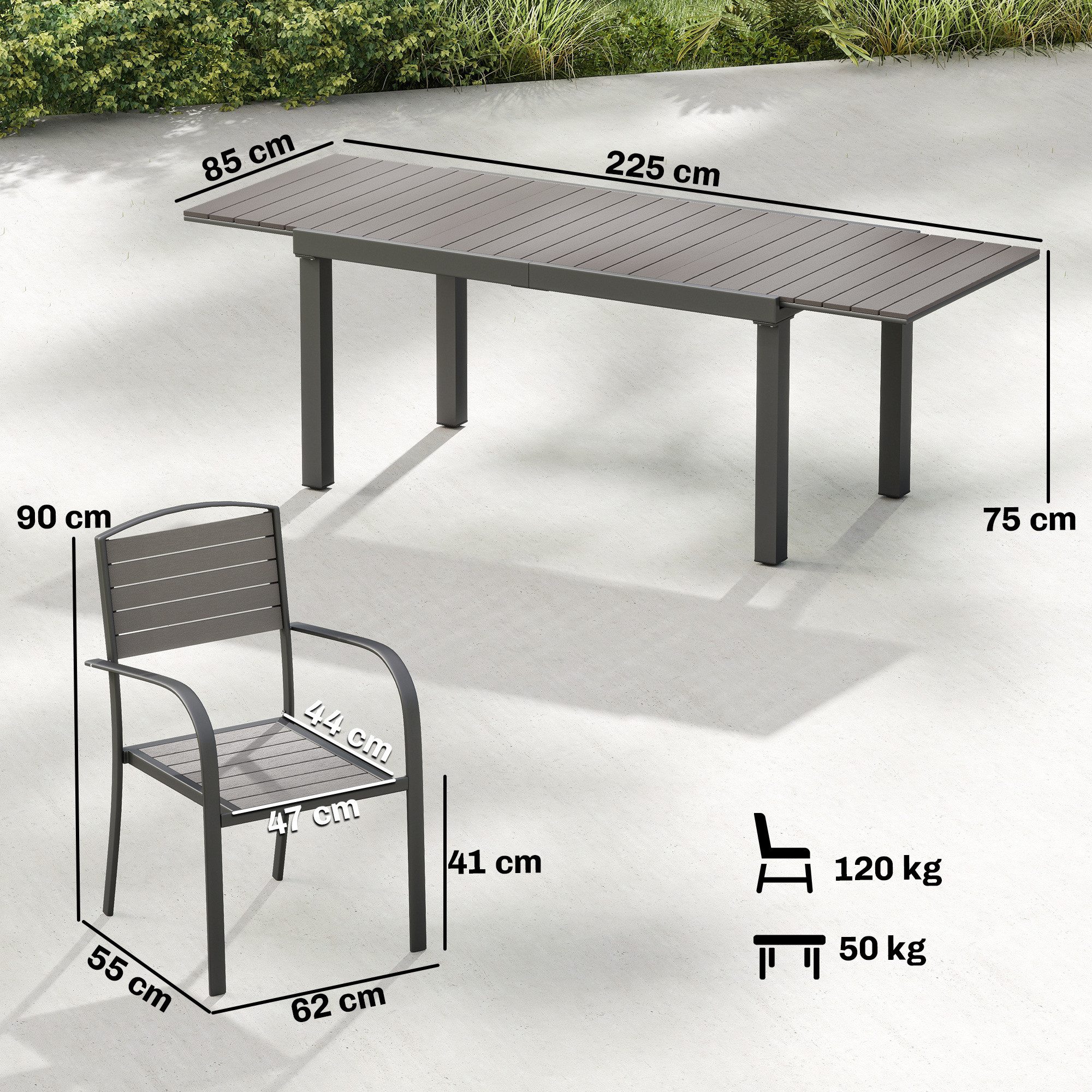 Outsunny Garten-Essgruppe Ausziehbar Tisch mit 6 Stühlen, Holzoptik, Lamellendesign, Aluminium, (Sitzgruppe, 7-tlg., Gartenmöbel Set), für Garten Balkon Terrasse Grau