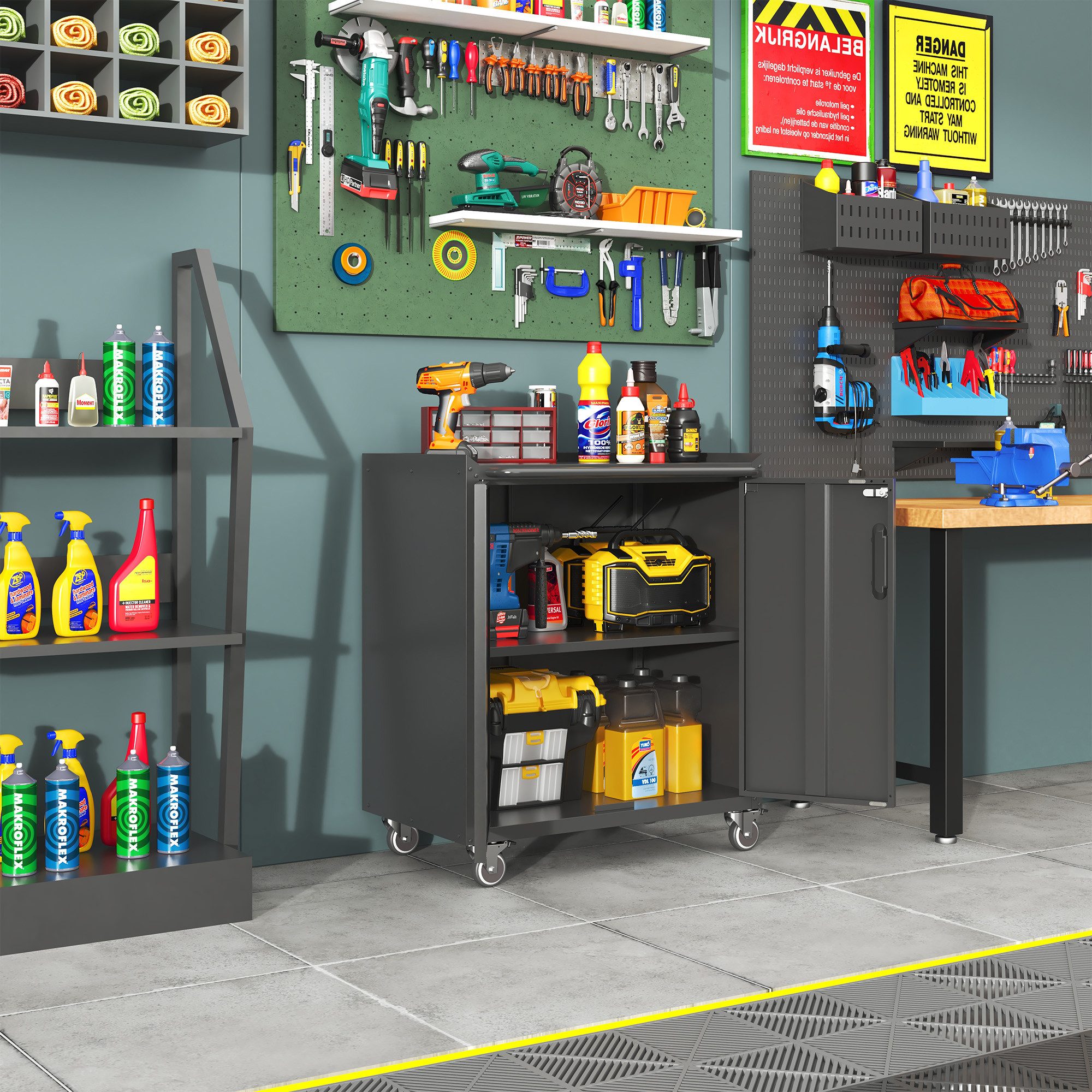 Odikalo Werkzeugschrank Heavy-Duty Metall-Gartenschrank mit Rollen Werkzeug-Stauraum 75×42×88