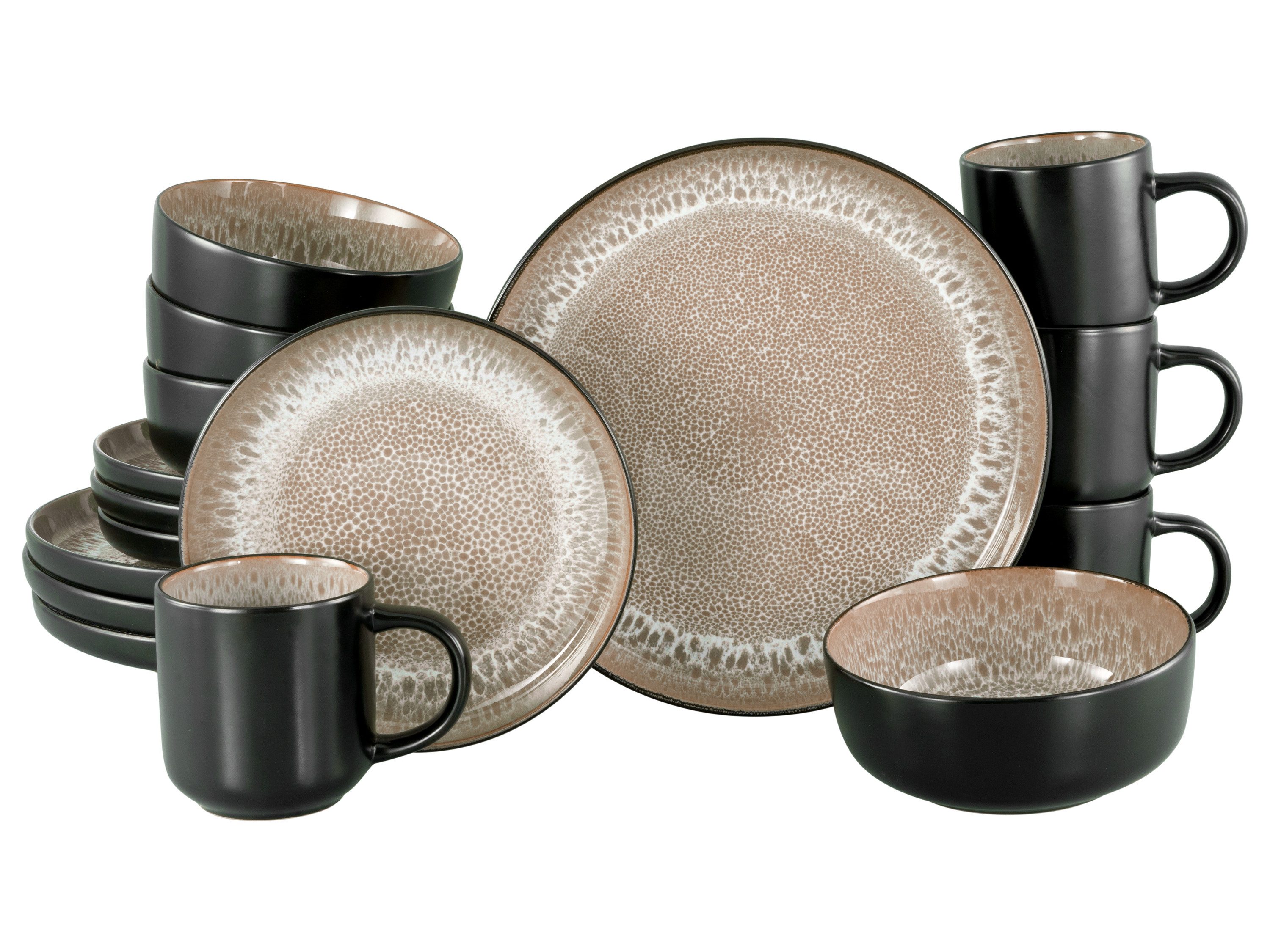 CreaTable Kombiservice Nordic Fjord Beige - Schwarz (16-tlg), 4 Personen, Steinzeug