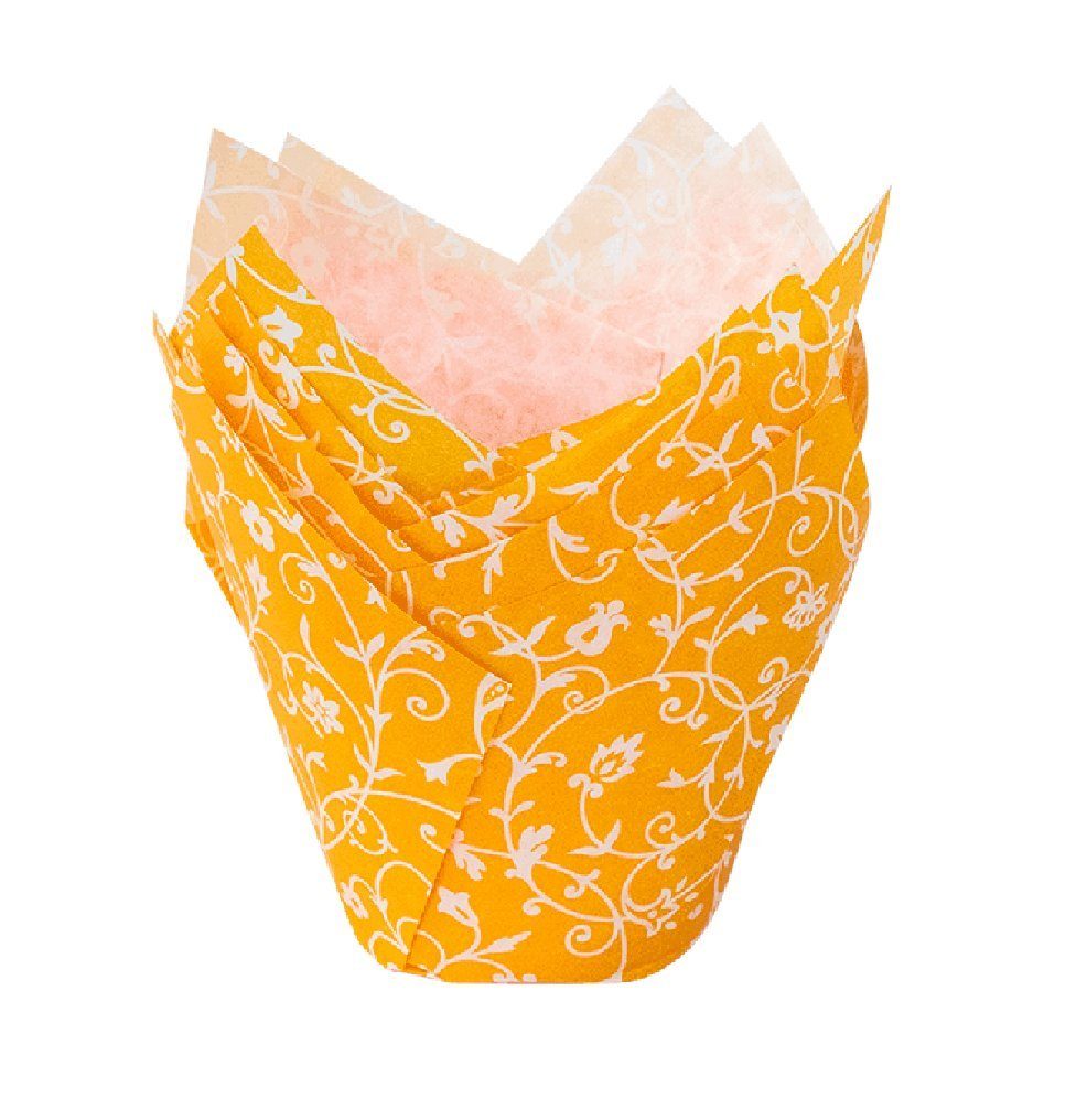 Demmler Muffinform 1616842410, Mango (Orange) mit weißem Muster, Papier Backform Tulip-Wraps - Inhalt 24 Stück - Made in Germany