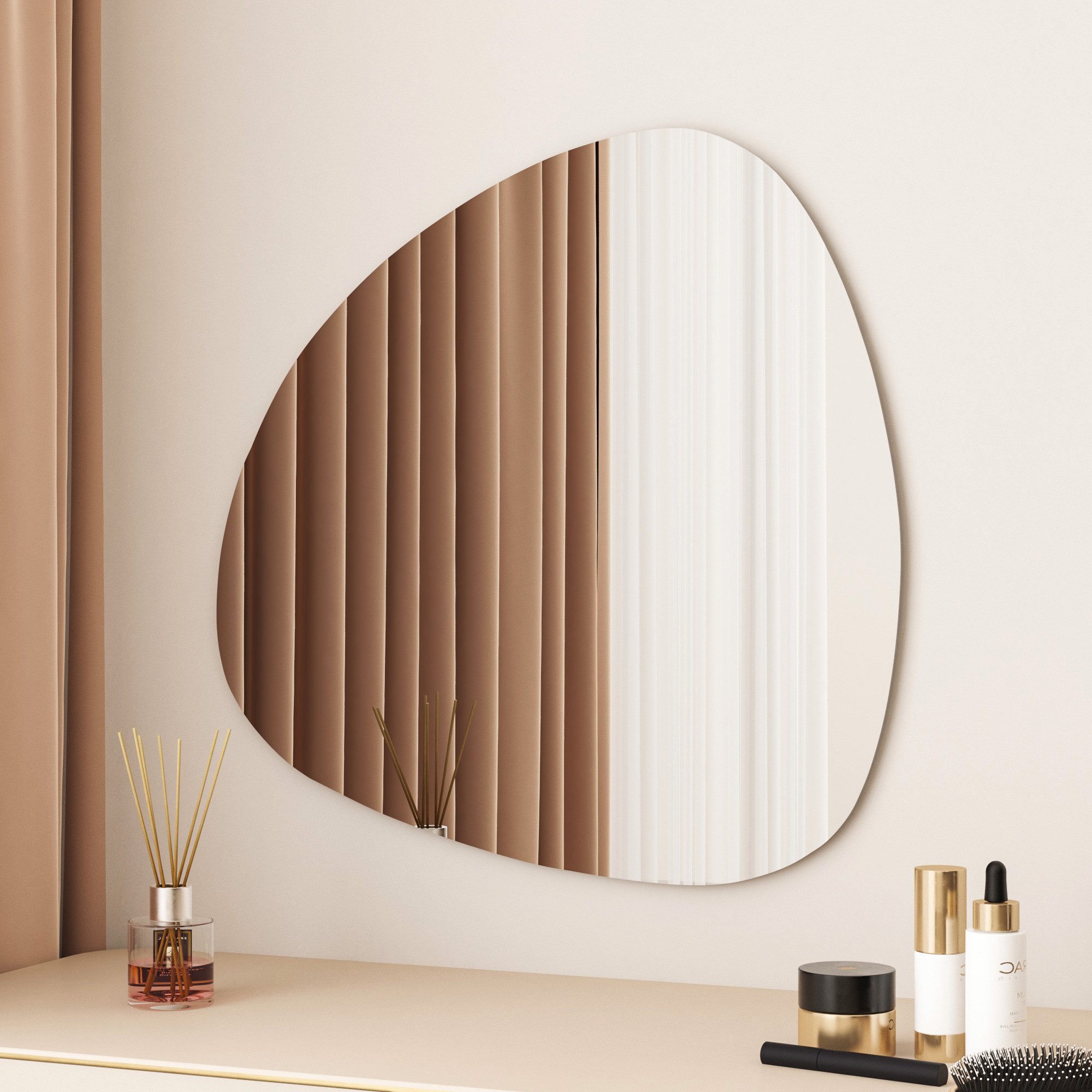 WDWRITTI Schminkspiegel Wand Kosmetikspiegel Wandmontage Wandspiegel Asymmetrisch Steinform (Dekospiegel Flurspiegel Modern Rahmenlos, 80x80, 60x60, 84x74,74x64cm), HD Spiegel mit Splitterschutzfolie
