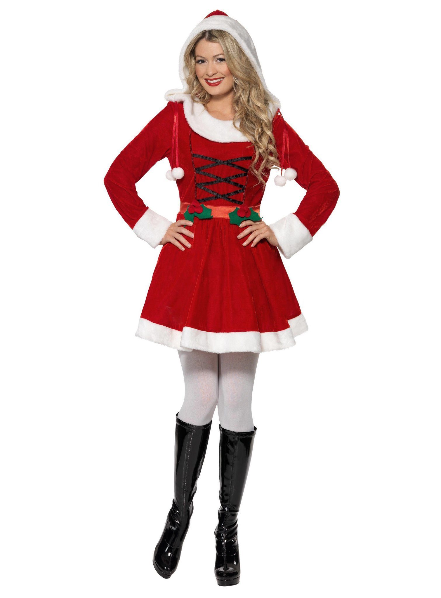 Smiffys Kostüm Weihnachtsfrau Kostüm Kleid Faschingskostüm Damen, Weihnachtliches Kapuzenkleid mit Mistel-Applikationen