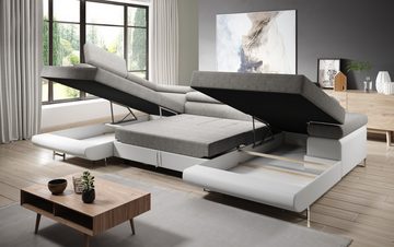 Furnix Wohnlandschaft Zante Couch Schlafsofa U-Sofa mit Schlaffunktion Leder-Optik, Maße BxHxT: 345x90x202 cm, mit Bettkasten, verstellbare Kopfstützen
