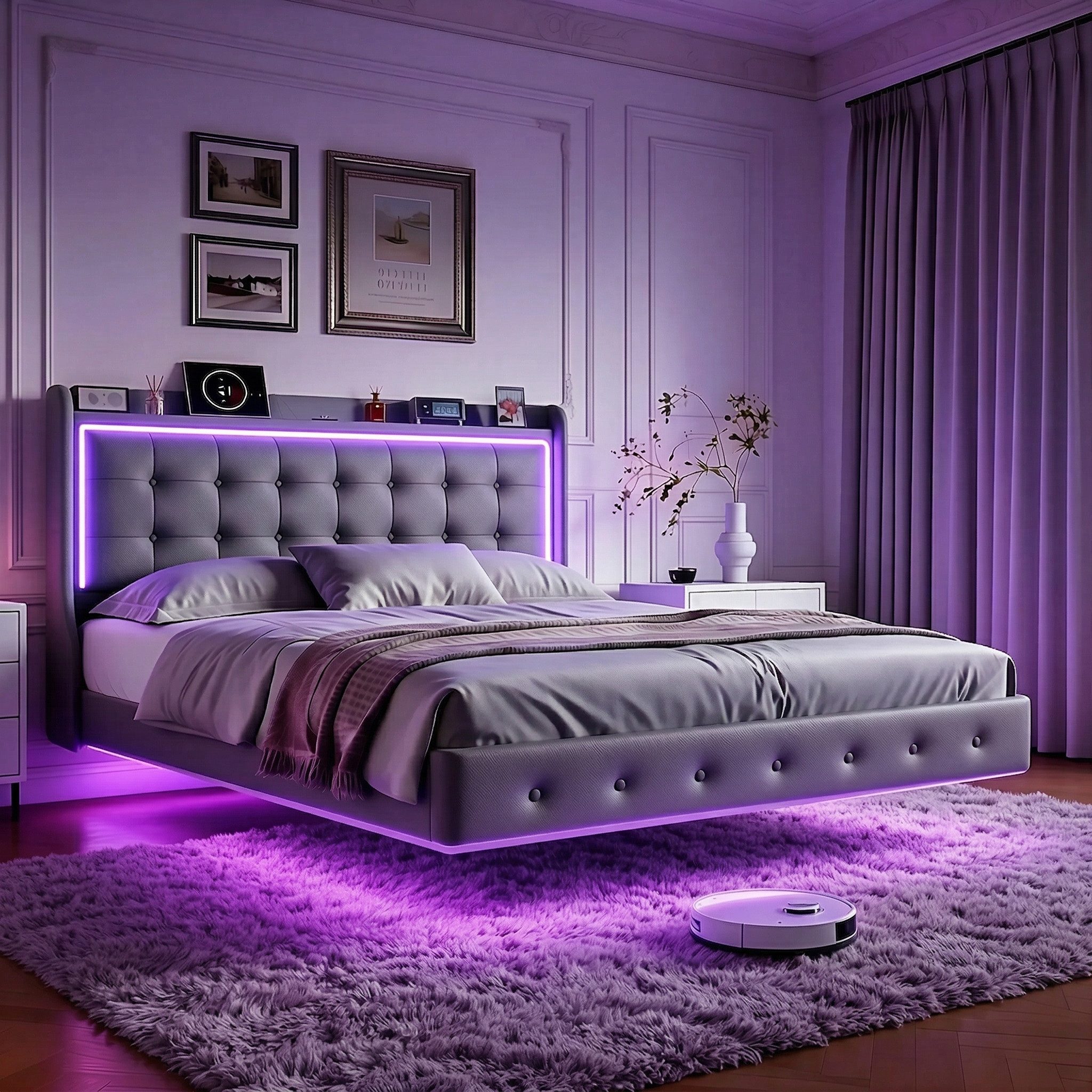 Furnishings Home Polsterbett Doppelbett Jugendbett mit LED-Licht (Mit Komforthöhe Lattenrost, Leises Design Bett), Samtmaterial Polsterbett mit RGB Beleuchtung