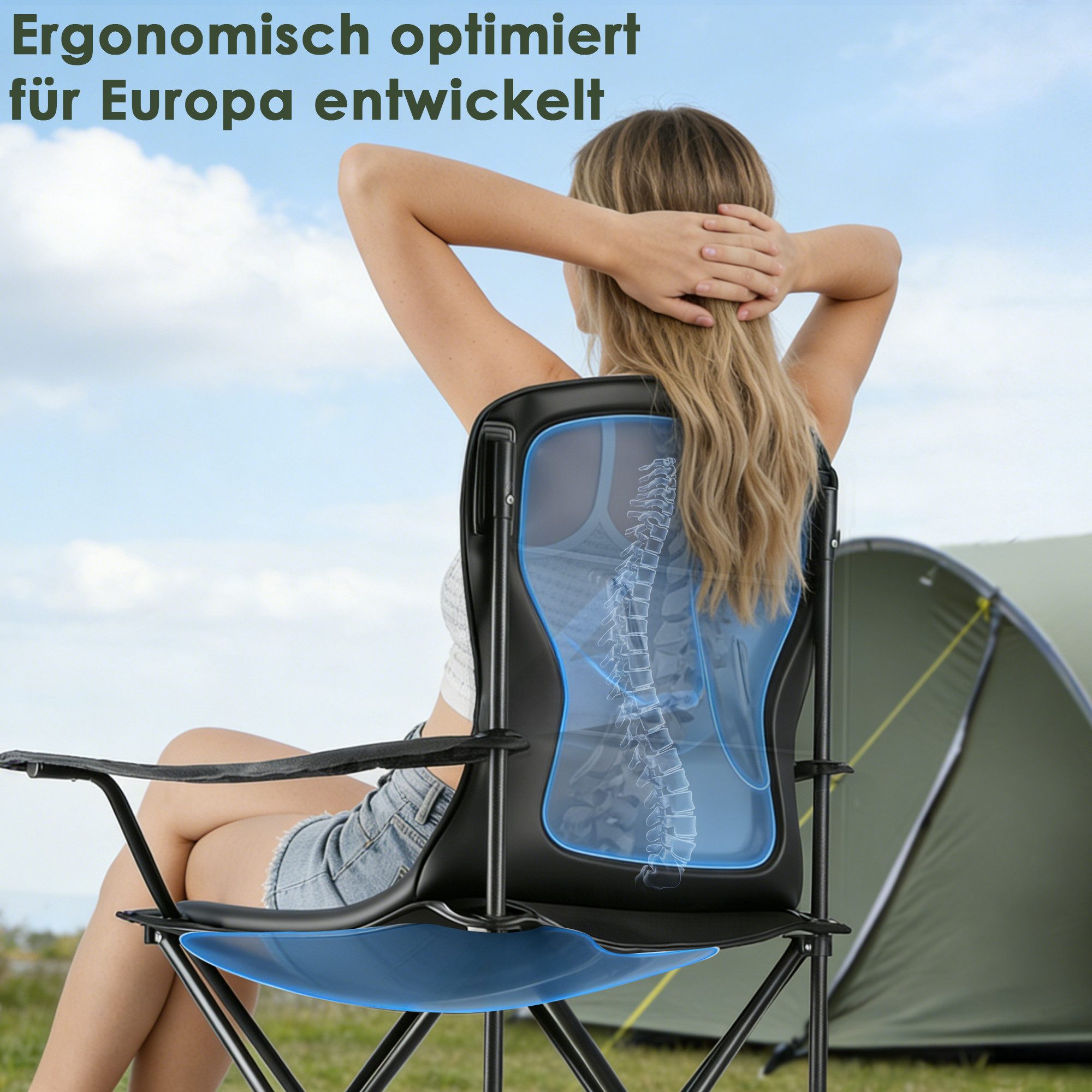 Lumkudos Campingstuhl Campingstuhl Faltbar, bis 150KG mit Getränkehalter Übergroß Faltstuhl (1 St), Klappbar Camping-Stühle für Camping Outdoor Balkon Garten