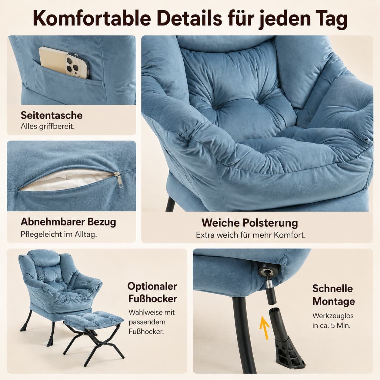 ANYSUN Loungesessel aus Samt mit Nackenstütze, wahlweise mit Fußhocker, weich gepolstert, Lesesessel mit Seitentasche für Wohnzimmer & Schlafzimmer – Bild 5 von 5