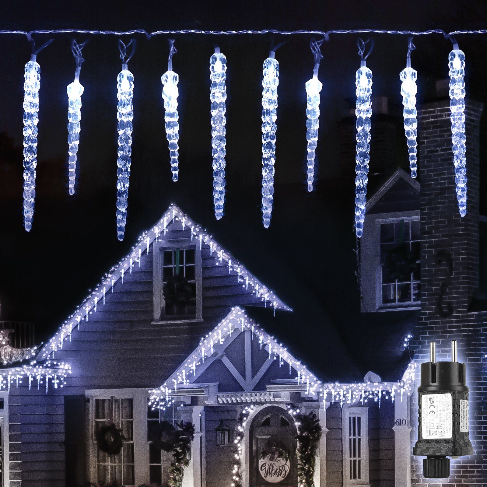 Salcar LED-Lichterkette Eiszapfen Lichterkette Außen Weihnachtsdeko LED Lichtervorhang, 10M 80LED, Kaltweiß Winter-Gartenbeleuchtung, 9 Modi, Memory-Funktion