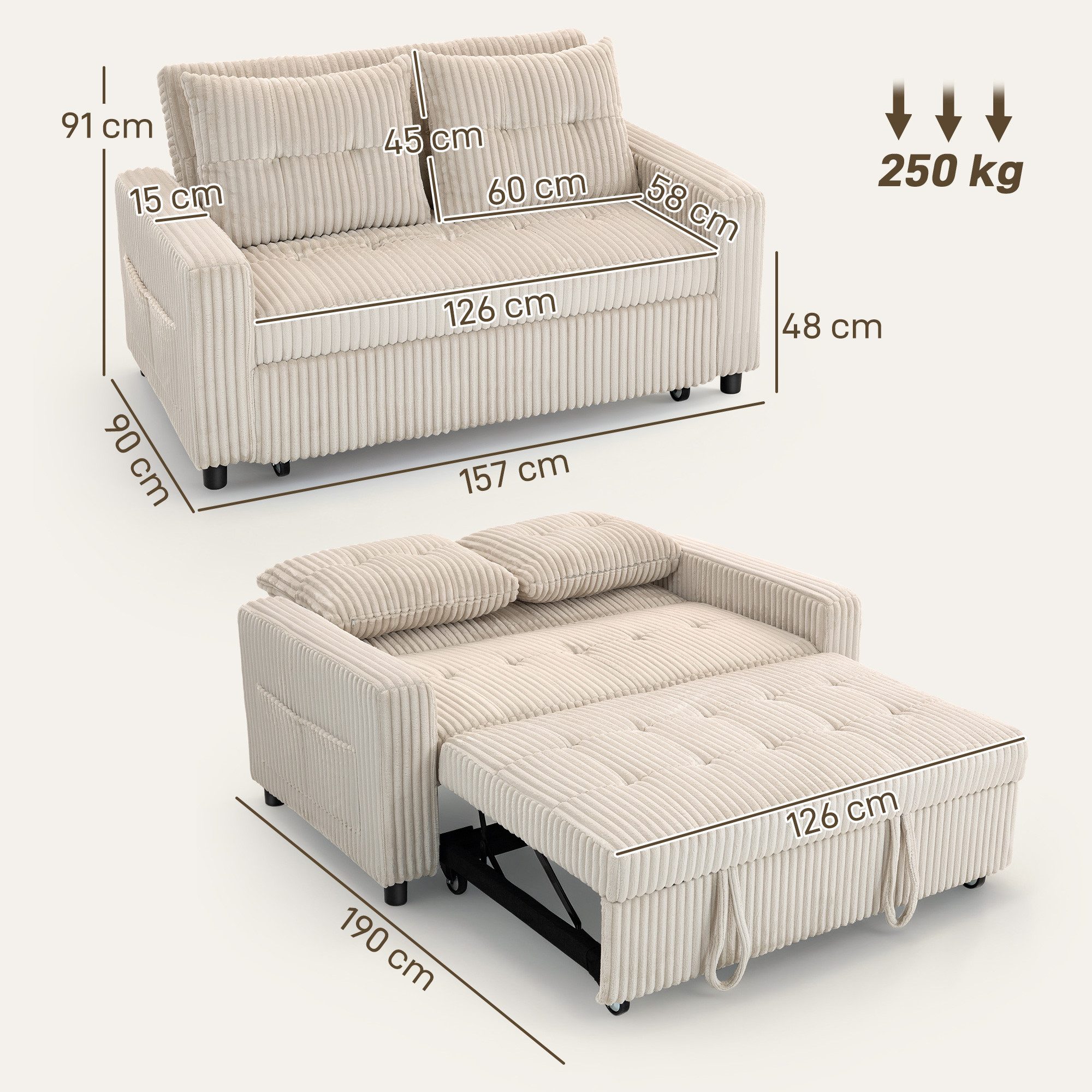 HOMCOM Schlafsofa mit 2 Kissen, Seitentaschen, Verstellbare Couch 1 Teile, 2-Sitzer-Polstersofa mit verstellbarer Rückenlehne, Cremeweiß