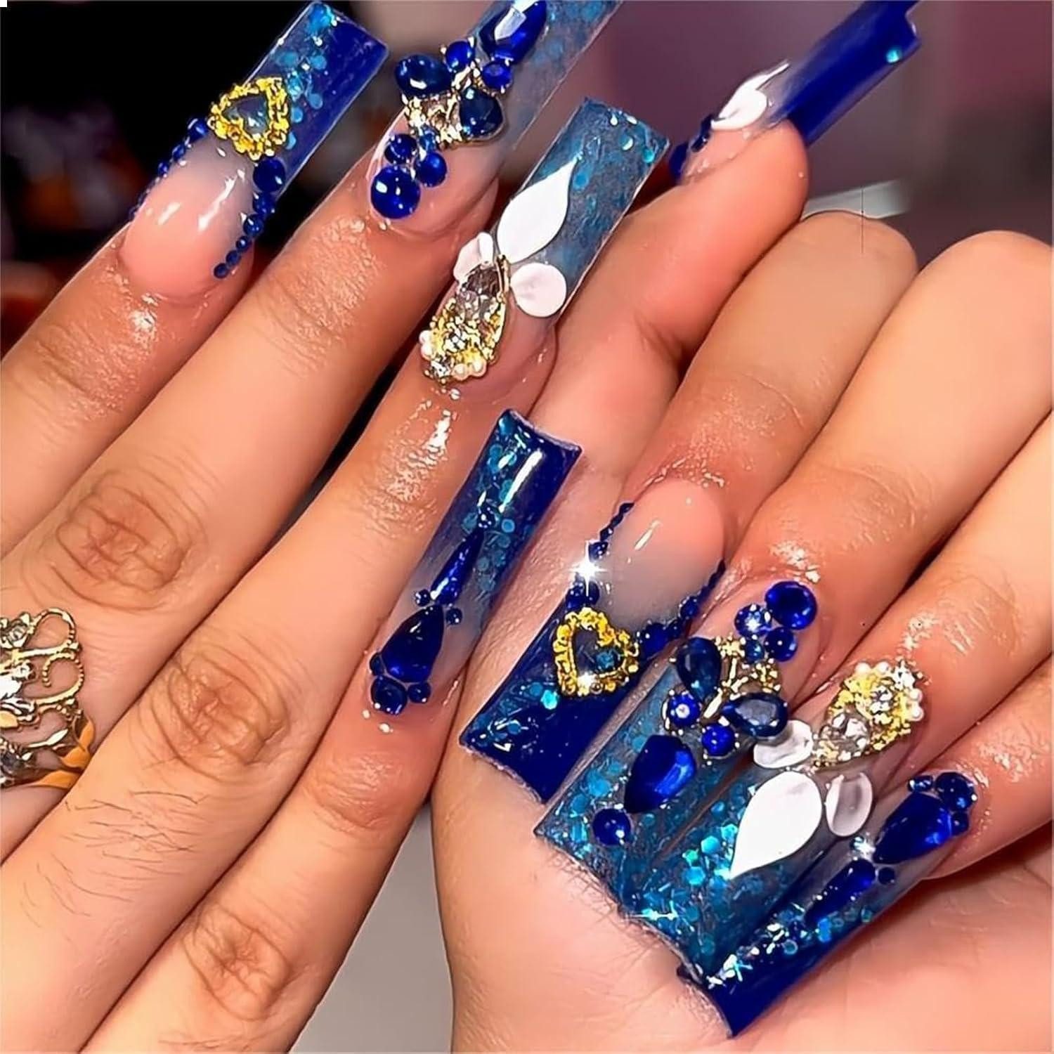 LuxusKollektion Kunstfingernägel Königlich Blau Lange Press on Nägel Quadratisch Rhinestones 24 Stück