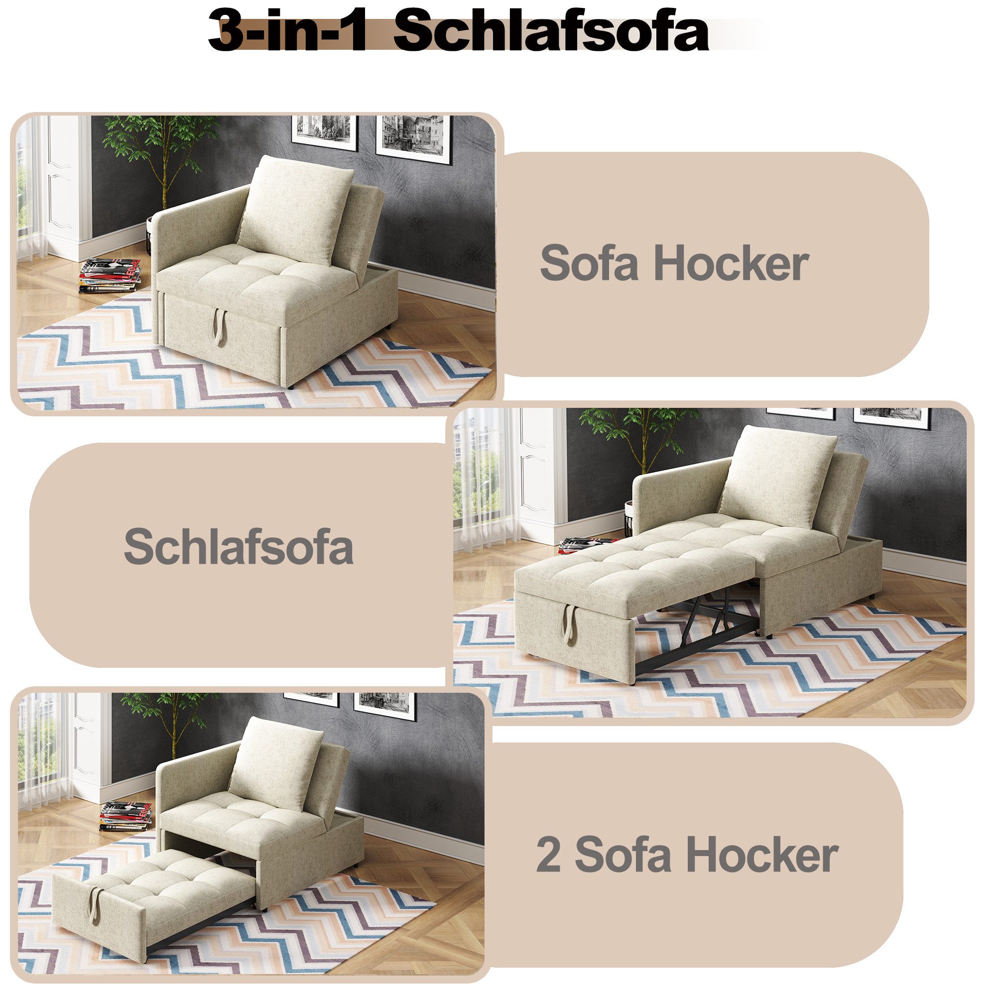 REDOM Schlafsofa 3-in-1 mit Verstellbarer Rückenlehne, Kompaktes Leinenstoffsofa, Polsterbett Sofa