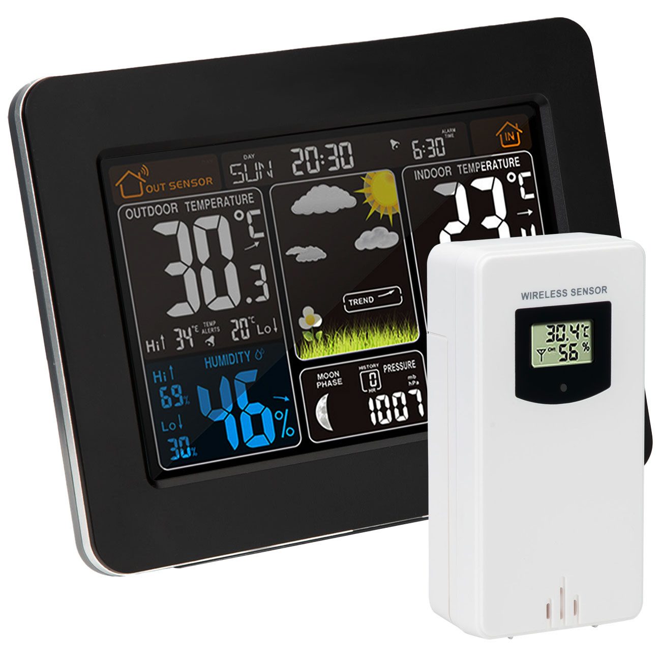 Casativo Funk-Wetterstation mit Farbdisplay Barometer Sensor DCF-Uhr & Wecke Funkwetterstation (Thermometer, Barometer, Hygrometer, Wecker & 60m Außensensor)