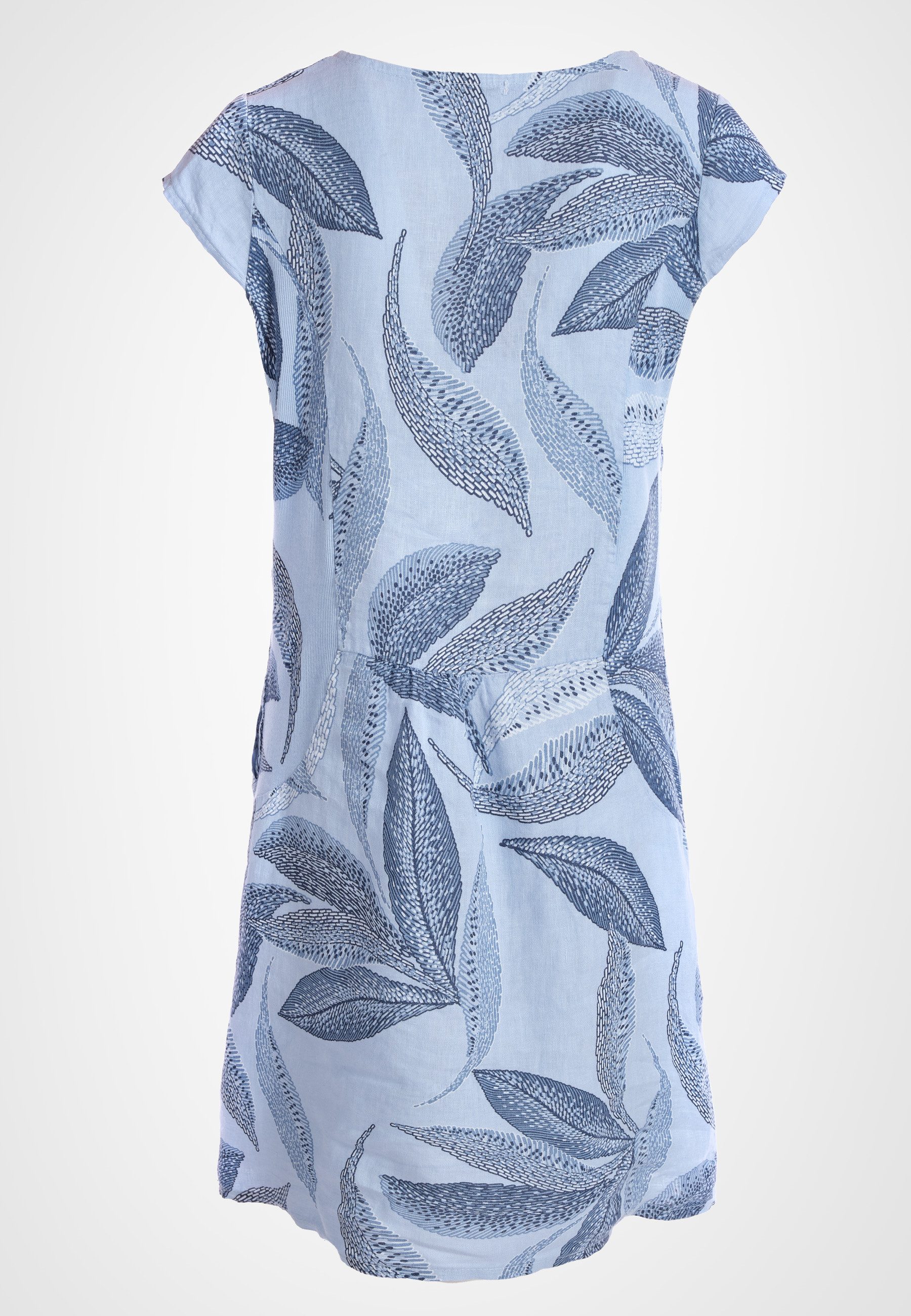 PEKIVESSA Sommerkleid Leinenkleid knielang kurzarm mit Blattmuster