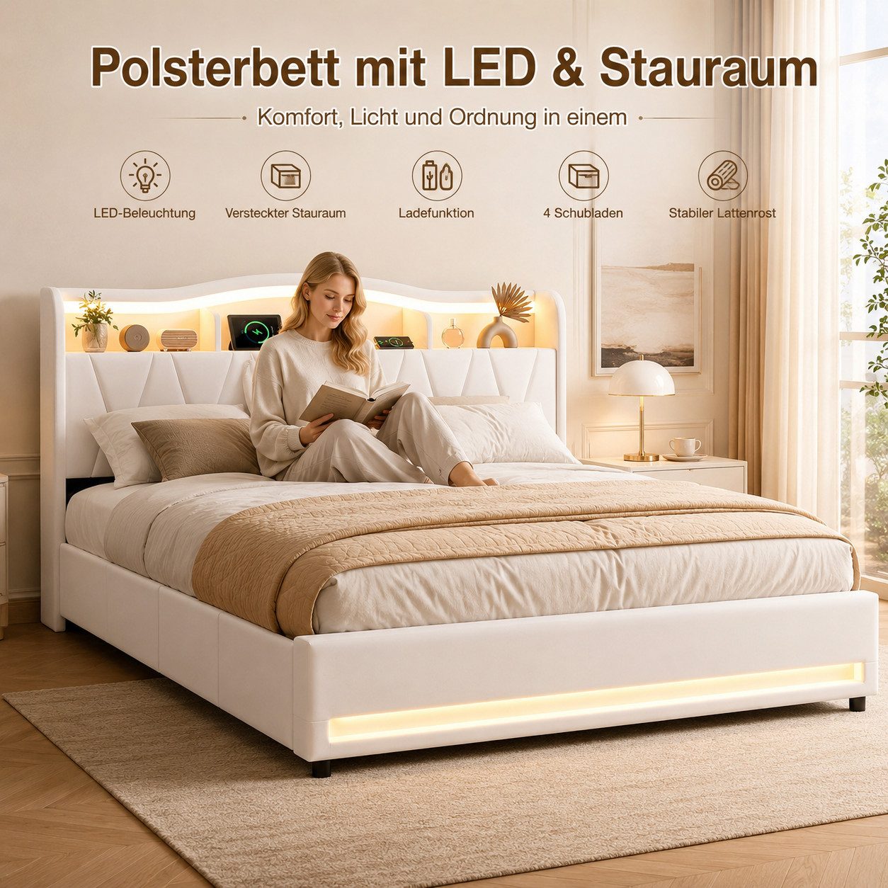 Simurq Polsterbett Doppelbett 140x200 Mit 4 Schubladen, Stauraumbett Mit LED Und USB (Set, Ohne Matratze), Tageres Ouvertes Et Des Espaces De Rangement Dissimules,Samt