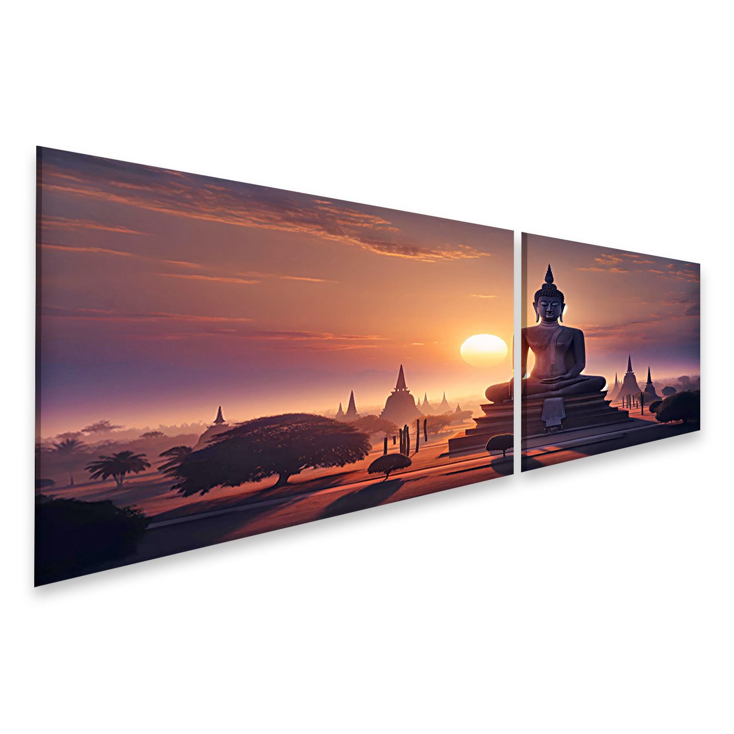 Leinwandbild Buddhastatue bei Sonnenaufgang mit Tempelsilhouetten