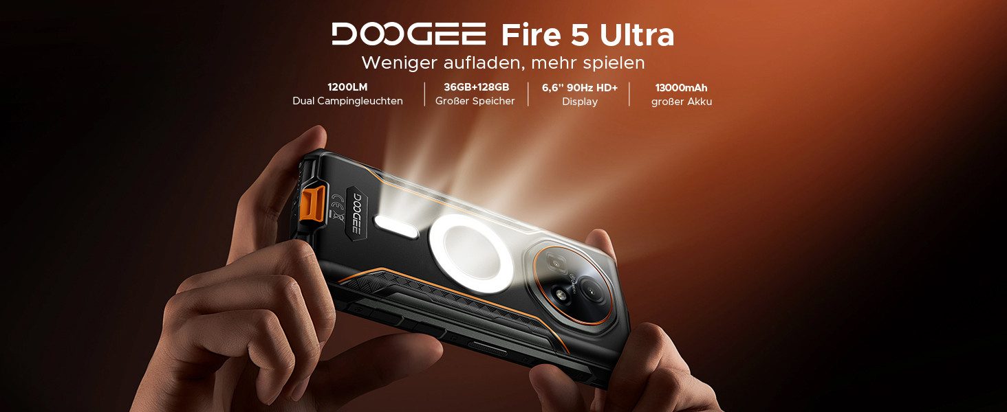 DOOGEE Robustes 4G Outdoor Smartphone FIRE5ULTRA 6+128GB Android 16 NFC Smartphone (16,66 cm/6,56 Zoll, 128 GB Speicherplatz, 48 MP Kamera, GPS-Ortung, 4G, WLAN, SOS, Videochat, IP68, Bluetooth)