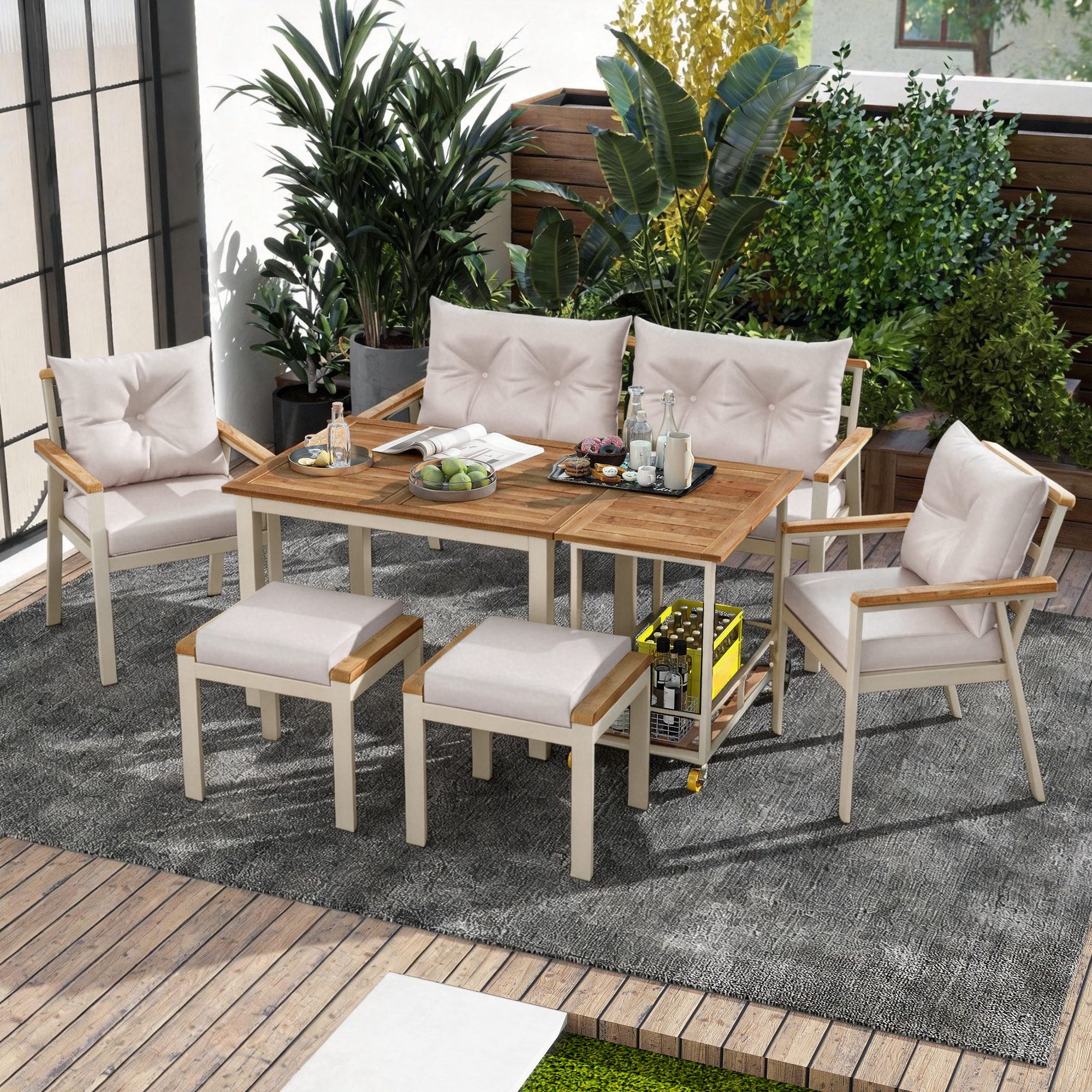 Merax Gartenlounge-Set Akazienholz Esstisch-Set für 6-7 Personen, (abnehmbare und waschbare Kissenbezüge, 7-tlg., Ideal für Terrasse, Garten, Balkon), 6-Sitzer Gartenmöbel mit 2 Stühlen, 2 Hockern, Sofa und Servierwagen
