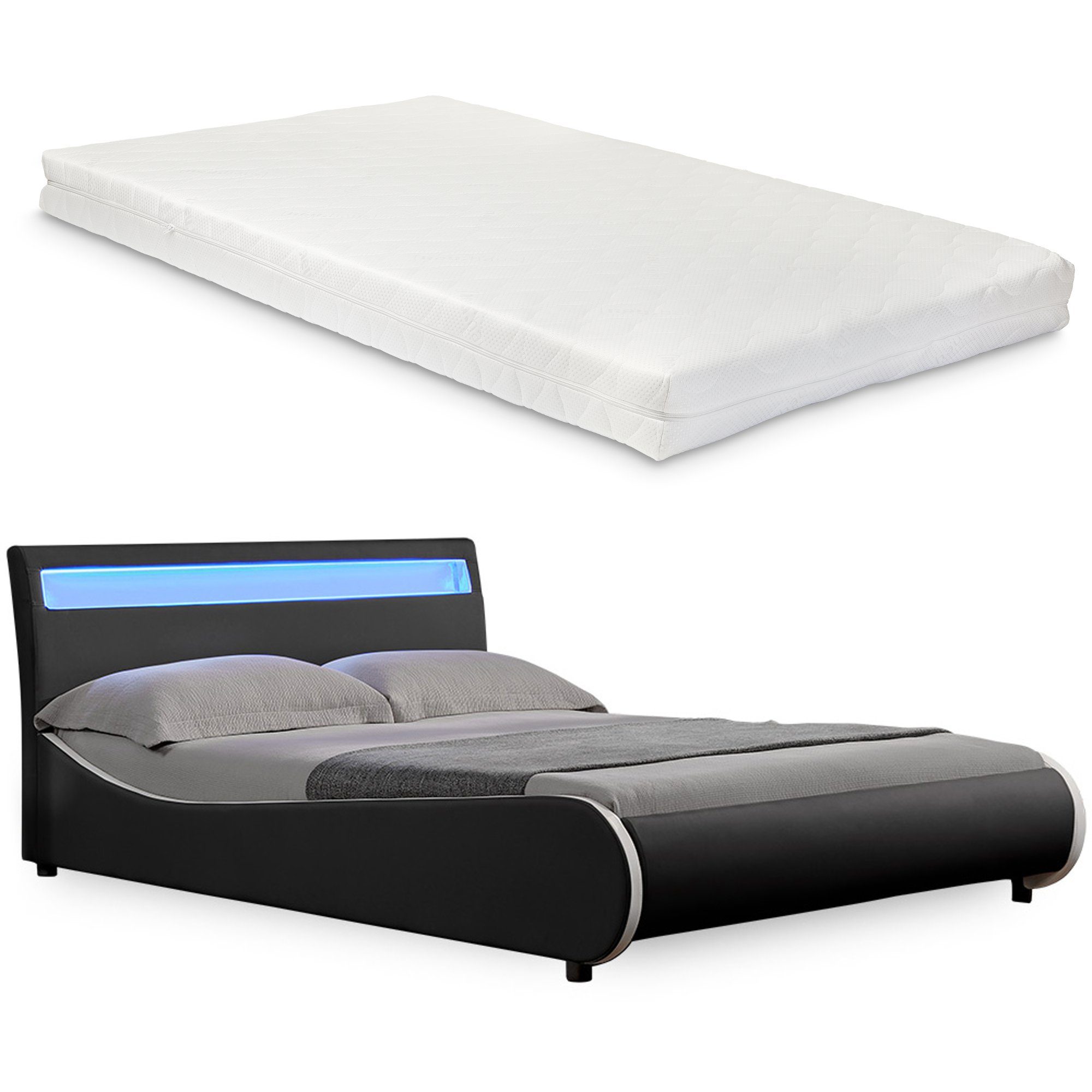 Corium Polsterbett, LED Modernes Polsterbett + Matratze 140x200 cm Schwarz