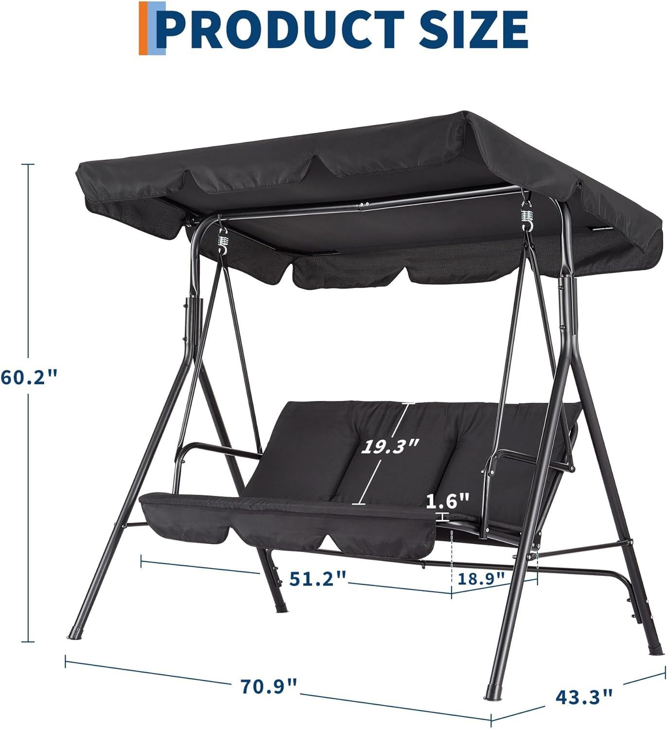 GarveeMore Hollywoodschaukel 3-Sitzer mit wasserdichtem Dach,Gartenschaukel,1 tlg, Relaxfunktionen Schaukel mit dicker Sitzfläche für Garten,Balkon