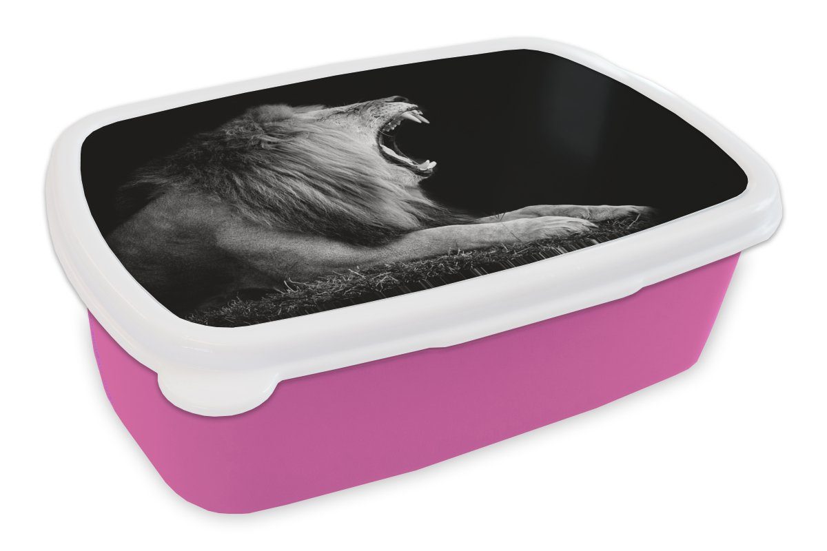 MuchoWow Lunchbox Löwe - Wildtiere - Gras - Schwarz - Weiß, Kunststoff, (2-tlg), Brotbox für Erwachsene, Brotdose Kinder, Snackbox, Mädchen, Kunststoff rosa