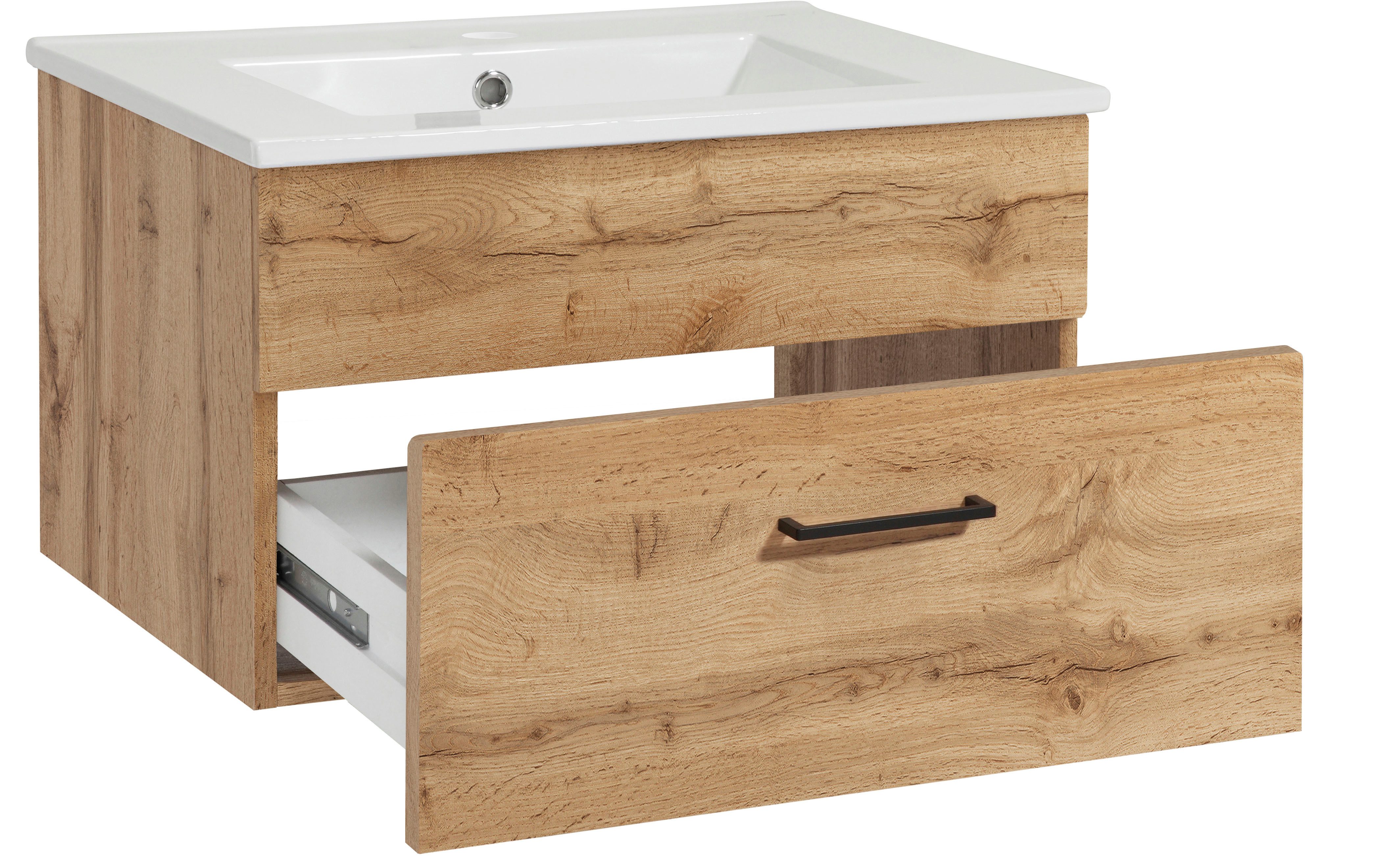 welltime Waschtisch Trento Light mit Keramik-Auflagebecken, 1 feste Blende und 1 Auszug, Breite: 61cm, Wotaneiche – Bild 5 von 5
