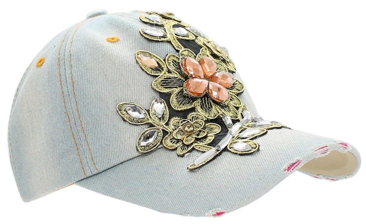 dy_mode Baseball Cap Damen Baseball Cap mit Strasssteinen Kappe Schirmmütze mit Glitzer One Size K003-Hellblau