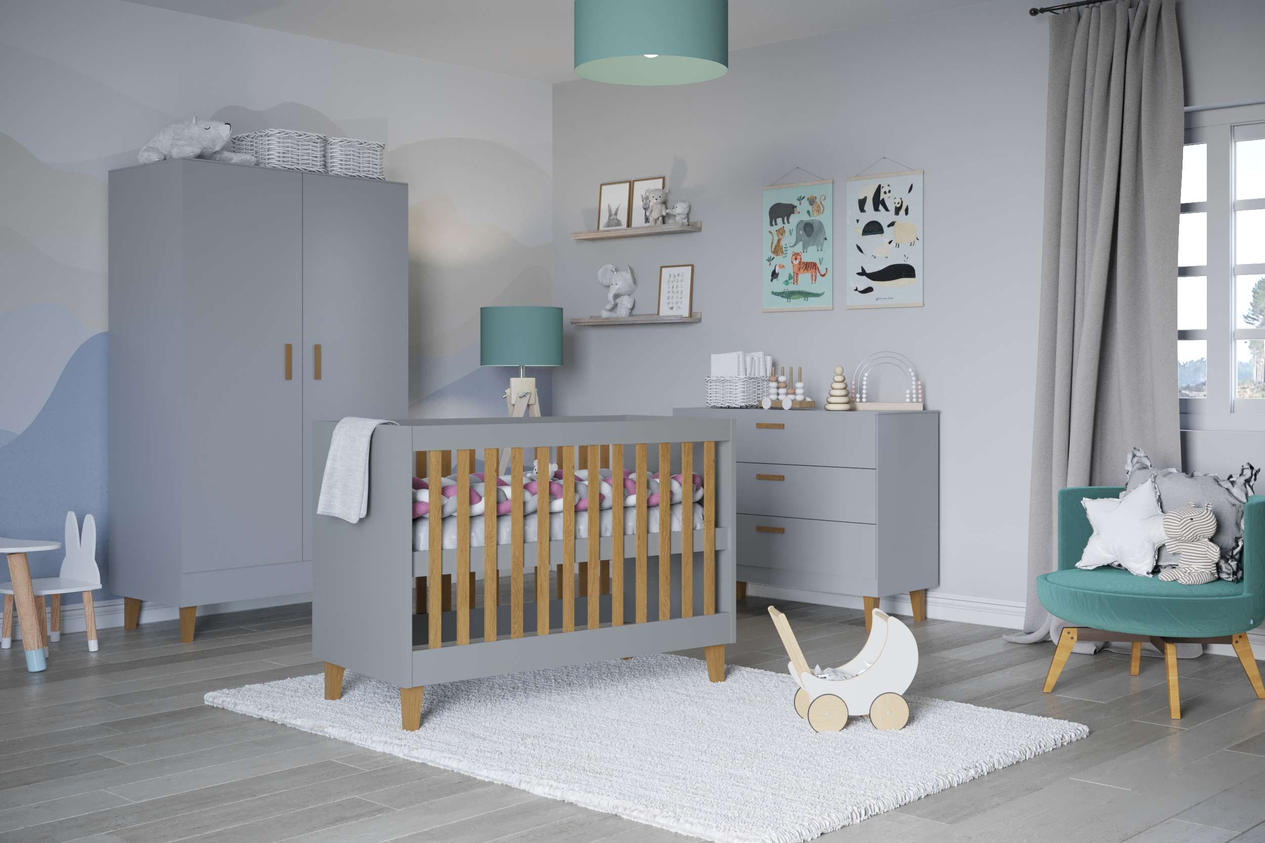 99rooms Babymöbel-Set Marvel, (Komplettset, Set (3-St), bestehend aus Kommode, Schrank, Babybett, Füße aus Massivholz