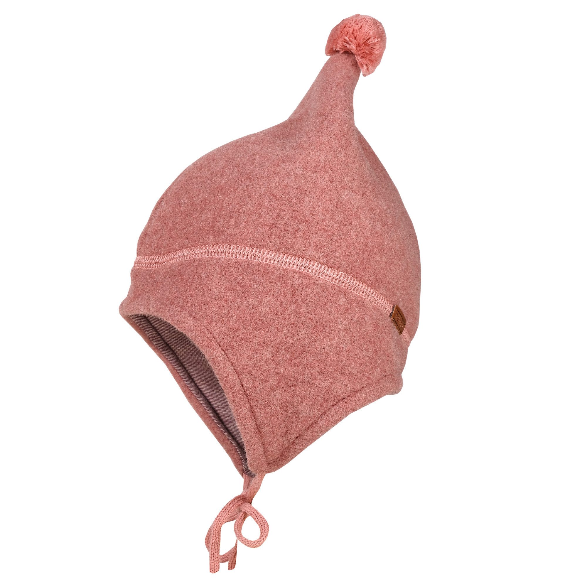 Fleecemütze GOTS MINI-Zipfelmütze, Pompon Wollfleece, Jerseyfutter, Band