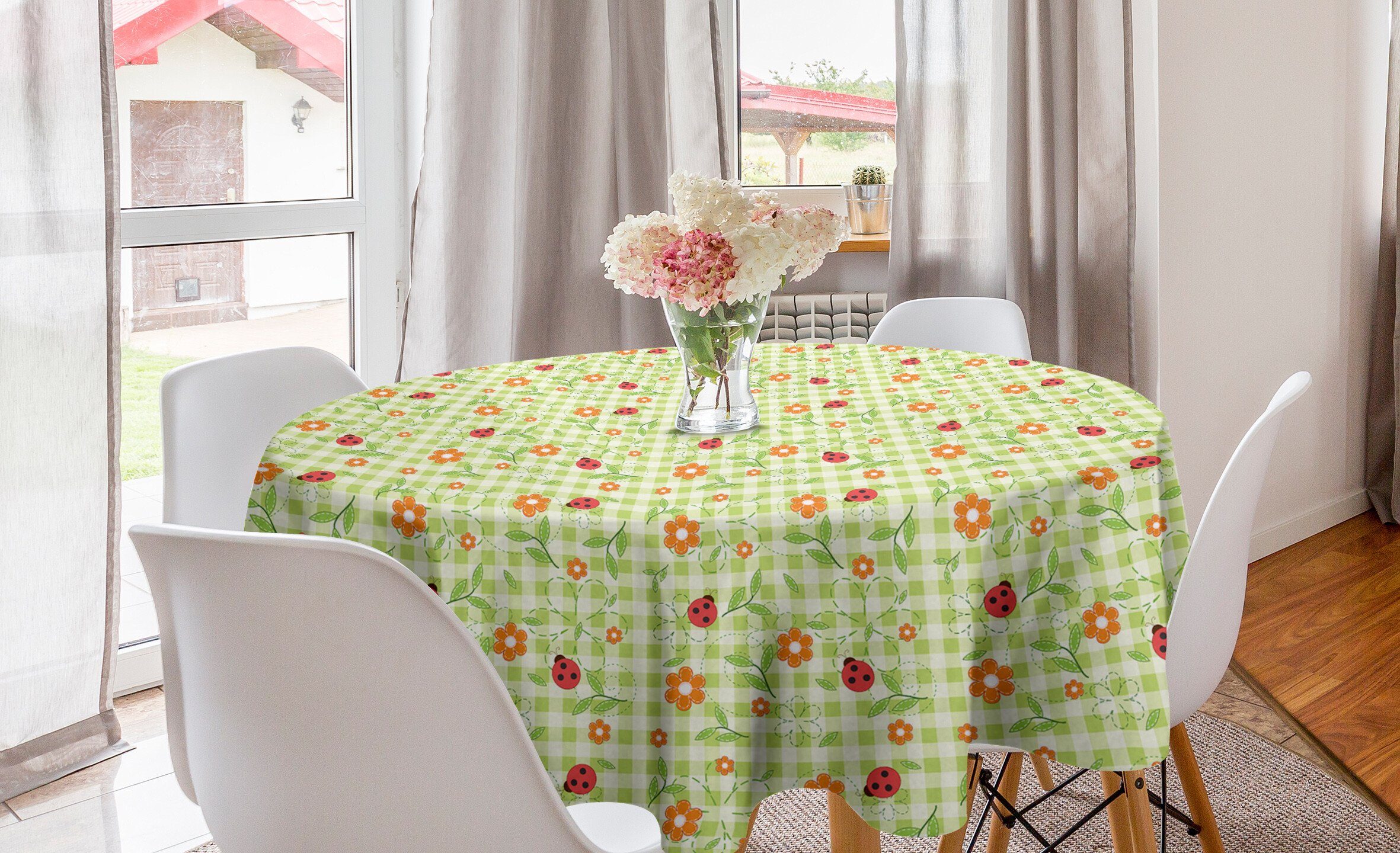 Abakuhaus Tischdecke Kreis Tischdecke Abdeckung für Esszimmer Küche Dekoration, Sommer Marienkäfer-Blumen-Blätter