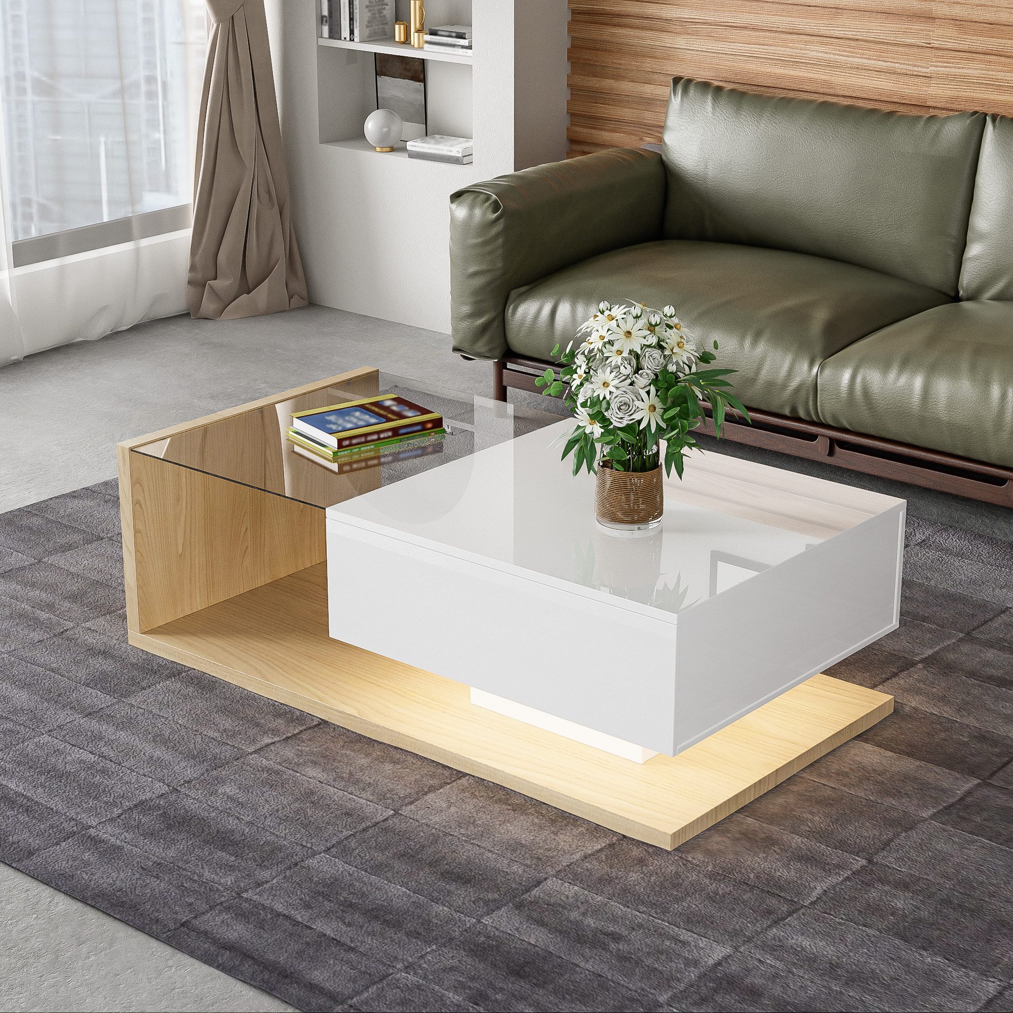 Furnishings Home Couchtisch Ablagetisch LED Beistelltisch, Breite 105 cm (Hochglänzender quadratischer, 105x55x32.5 cm), Mit Schubladen und 16-farbigen variablen LED-Leuchten